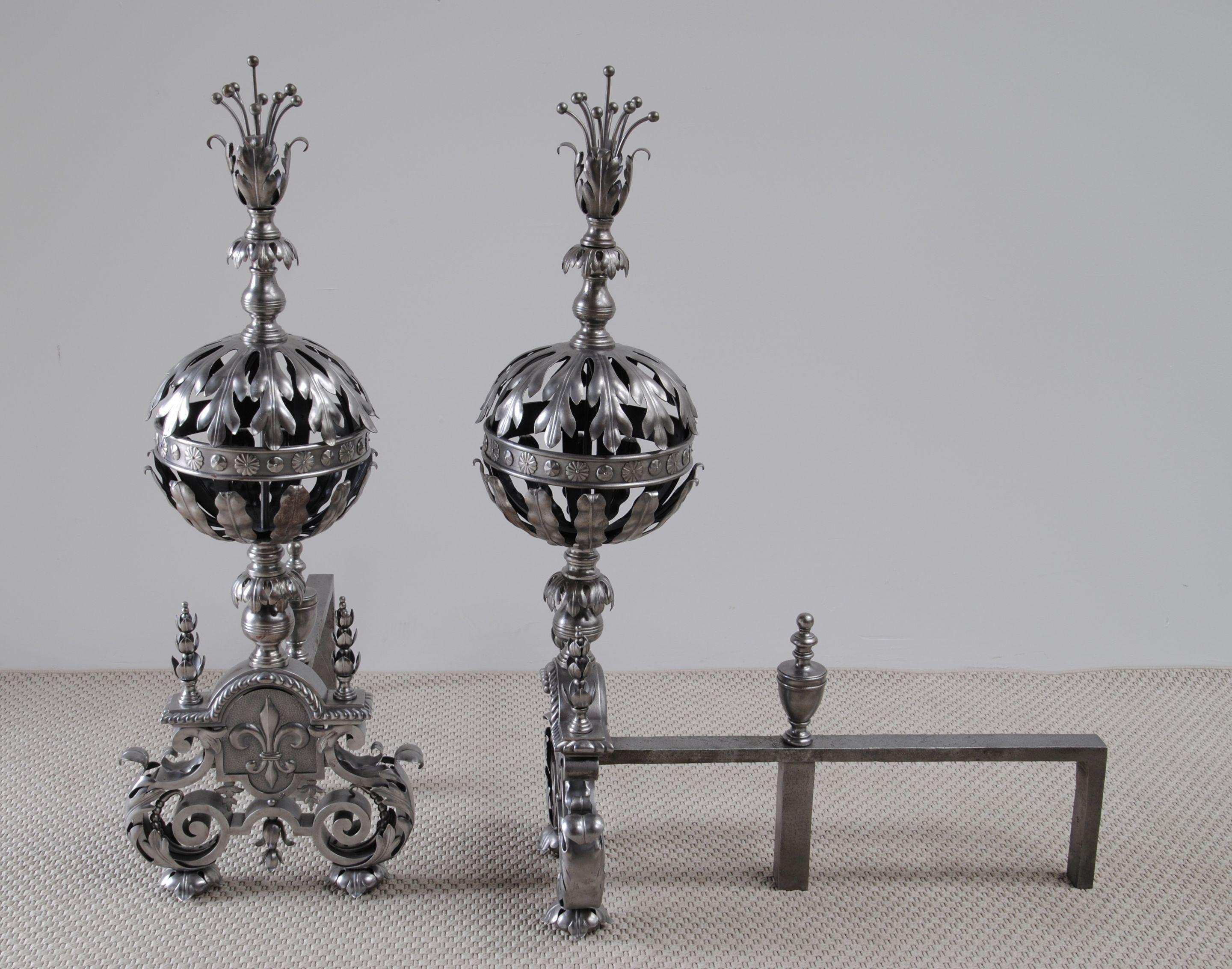 English Pair of Arts & Crafts Steel Andirons For Sale