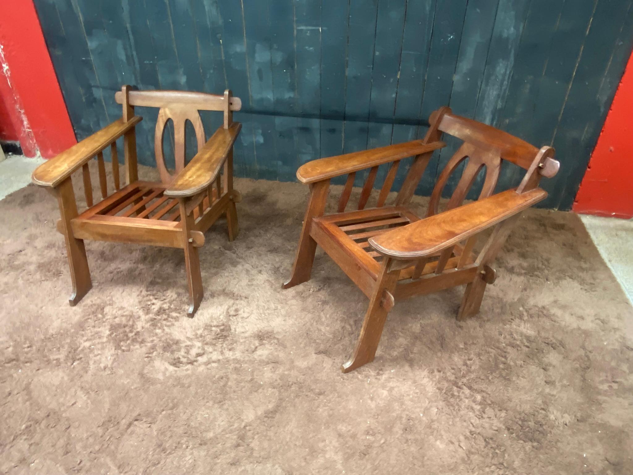 European Pair of Arts and Crafts Style Armchairs in Teak, circa 1950 For Sale