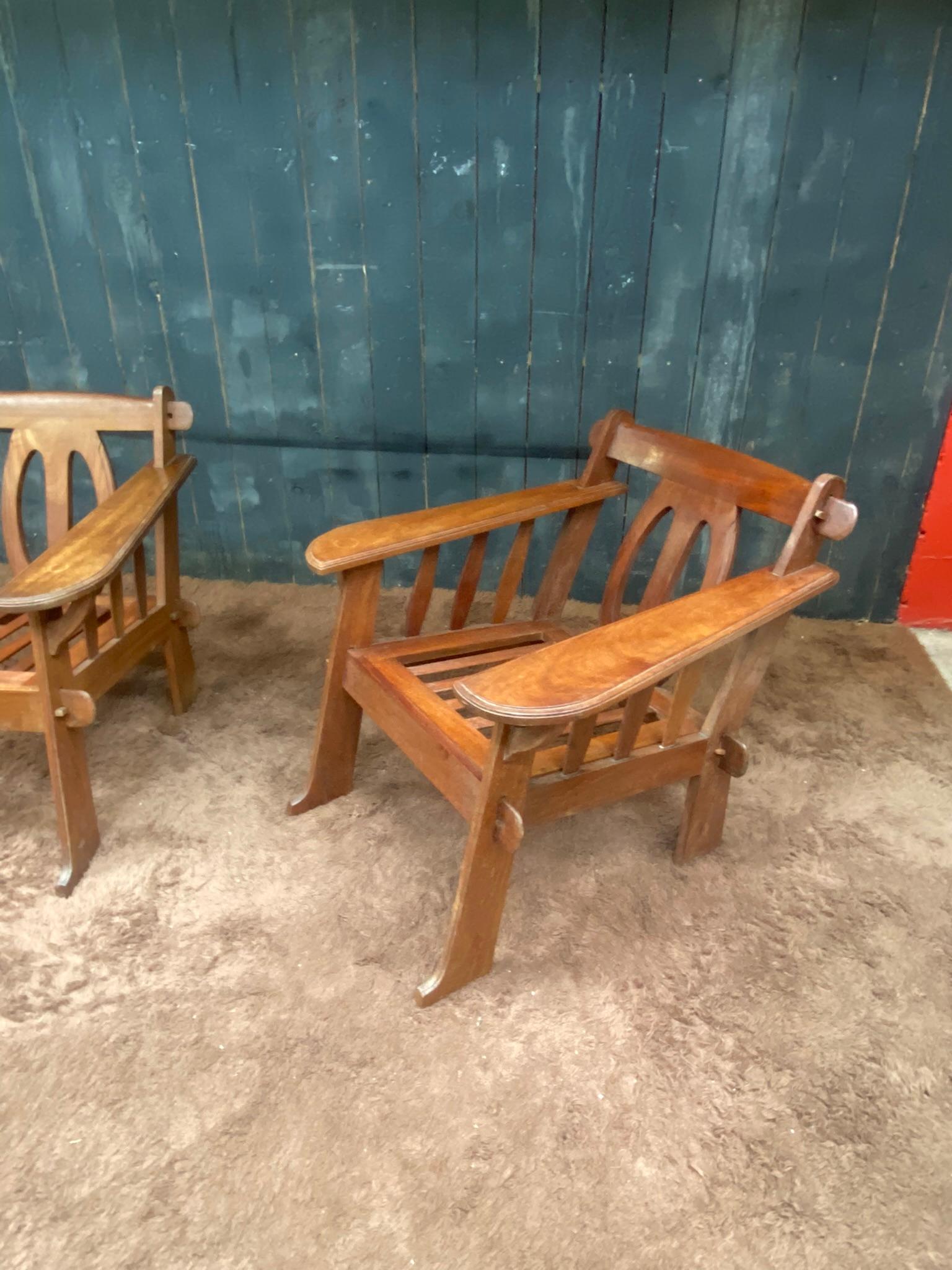 Pair of Arts and Crafts Style Armchairs in Teak, circa 1950 In Good Condition For Sale In Saint-Ouen, FR