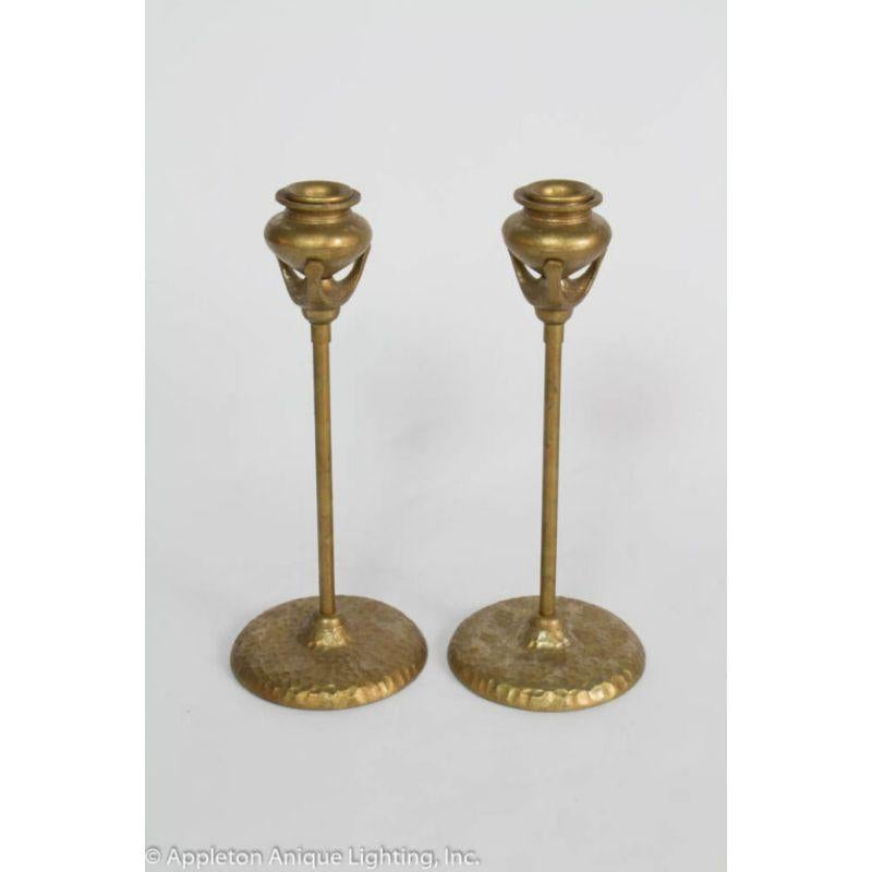 Pair of Arts and Crafts Style Candlestick Holders with Hammered Bases In Excellent Condition In Canton, MA