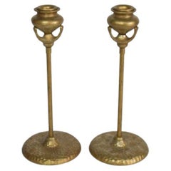 Vintage Pair of Arts and Crafts Style Candlestick Holders with Hammered Bases