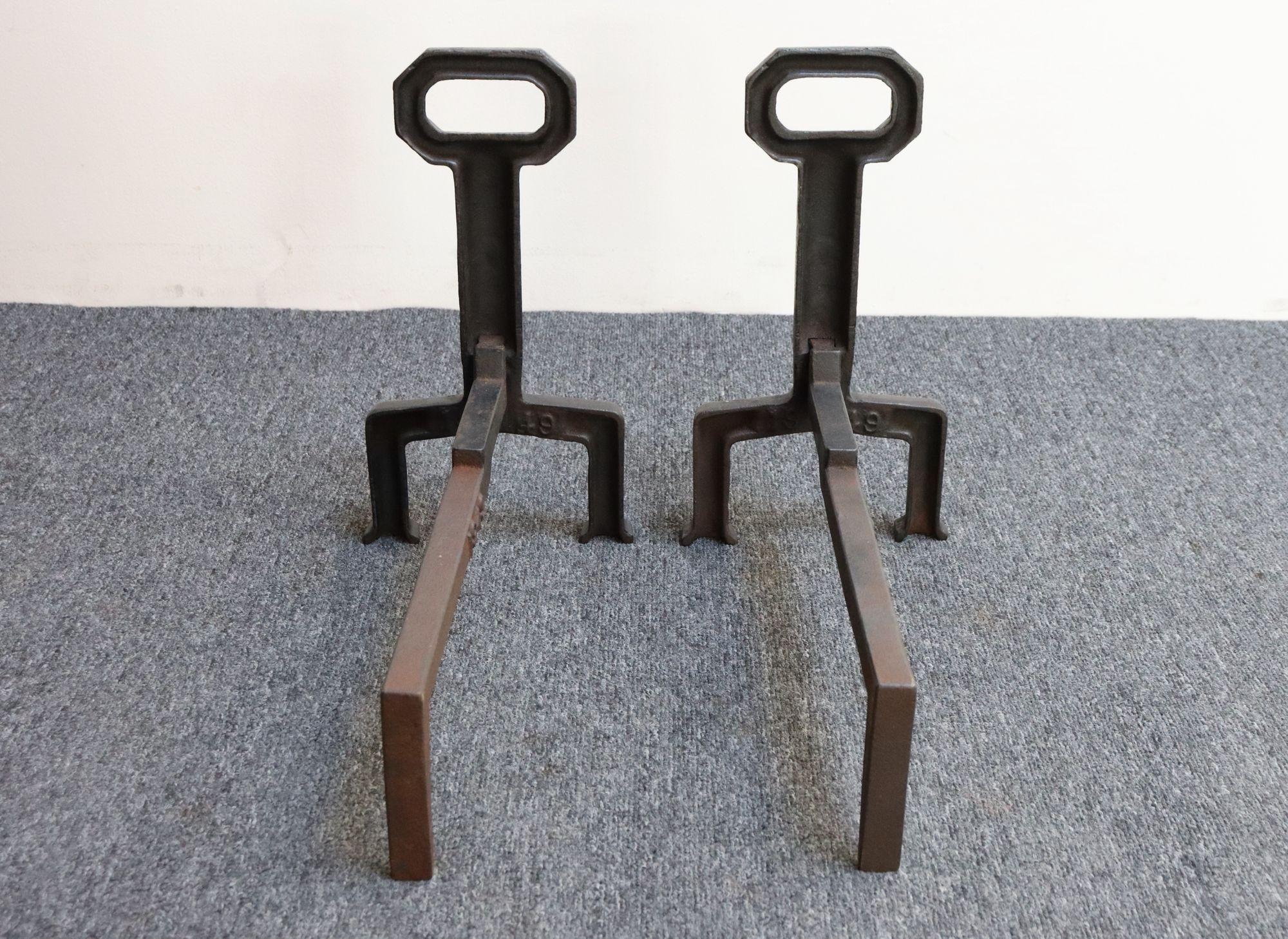Pair of Arts and Crafts Style Key Hole Iron Andirons For Sale 2