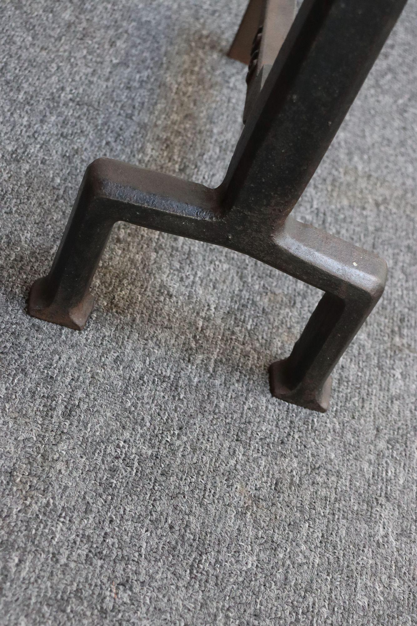 Pair of Arts and Crafts Style Key Hole Iron Andirons For Sale 5