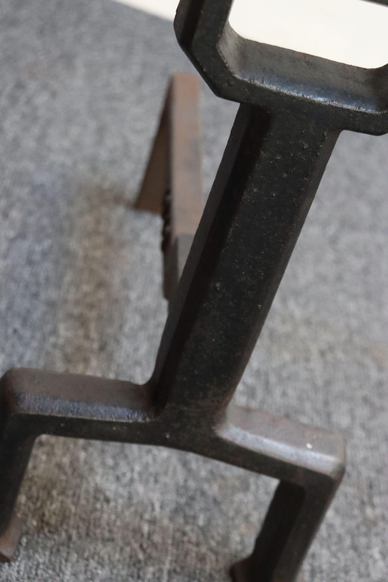 Pair of Arts and Crafts Style Key Hole Iron Andirons For Sale 4