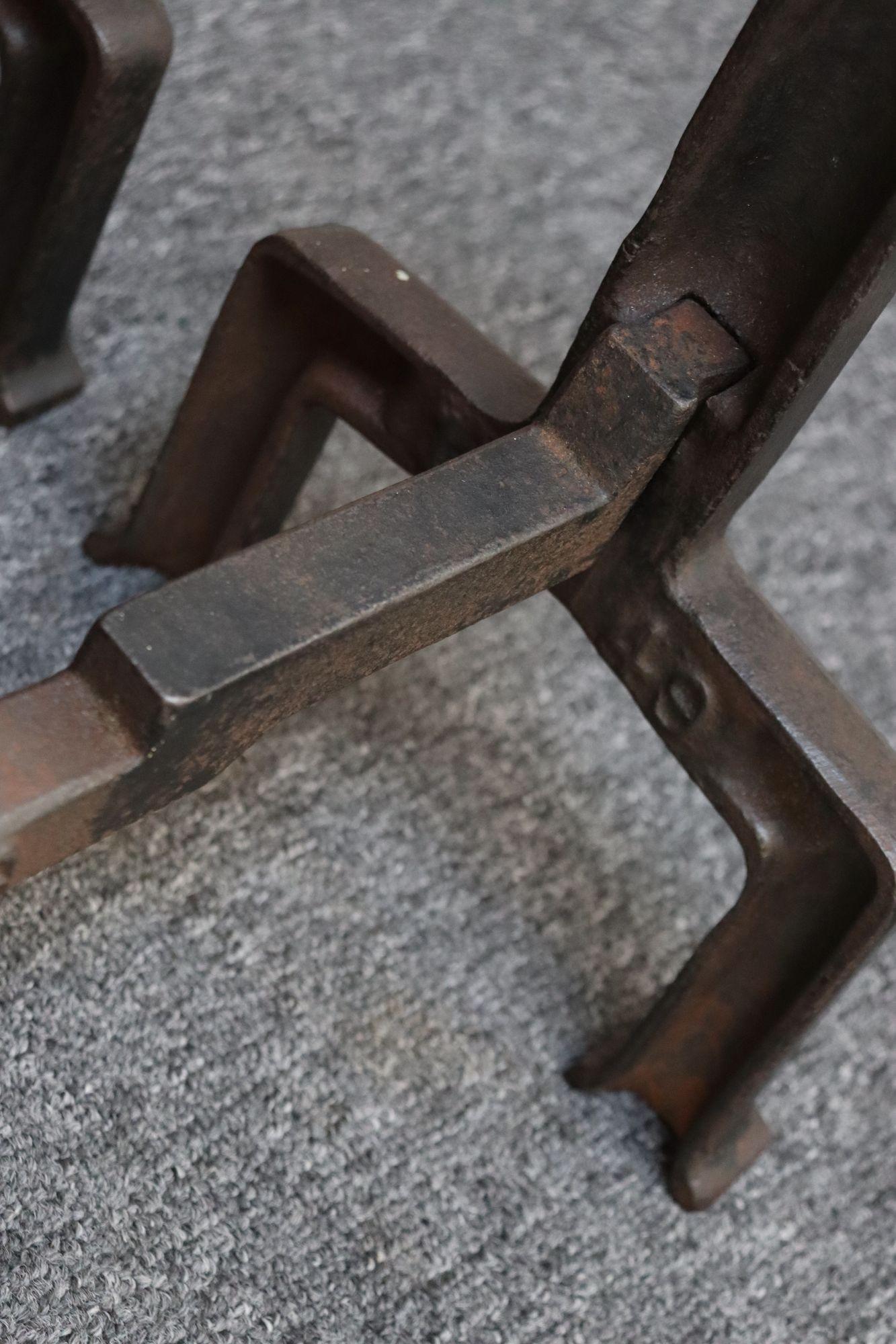 Pair of Arts and Crafts Style Key Hole Iron Andirons For Sale 6
