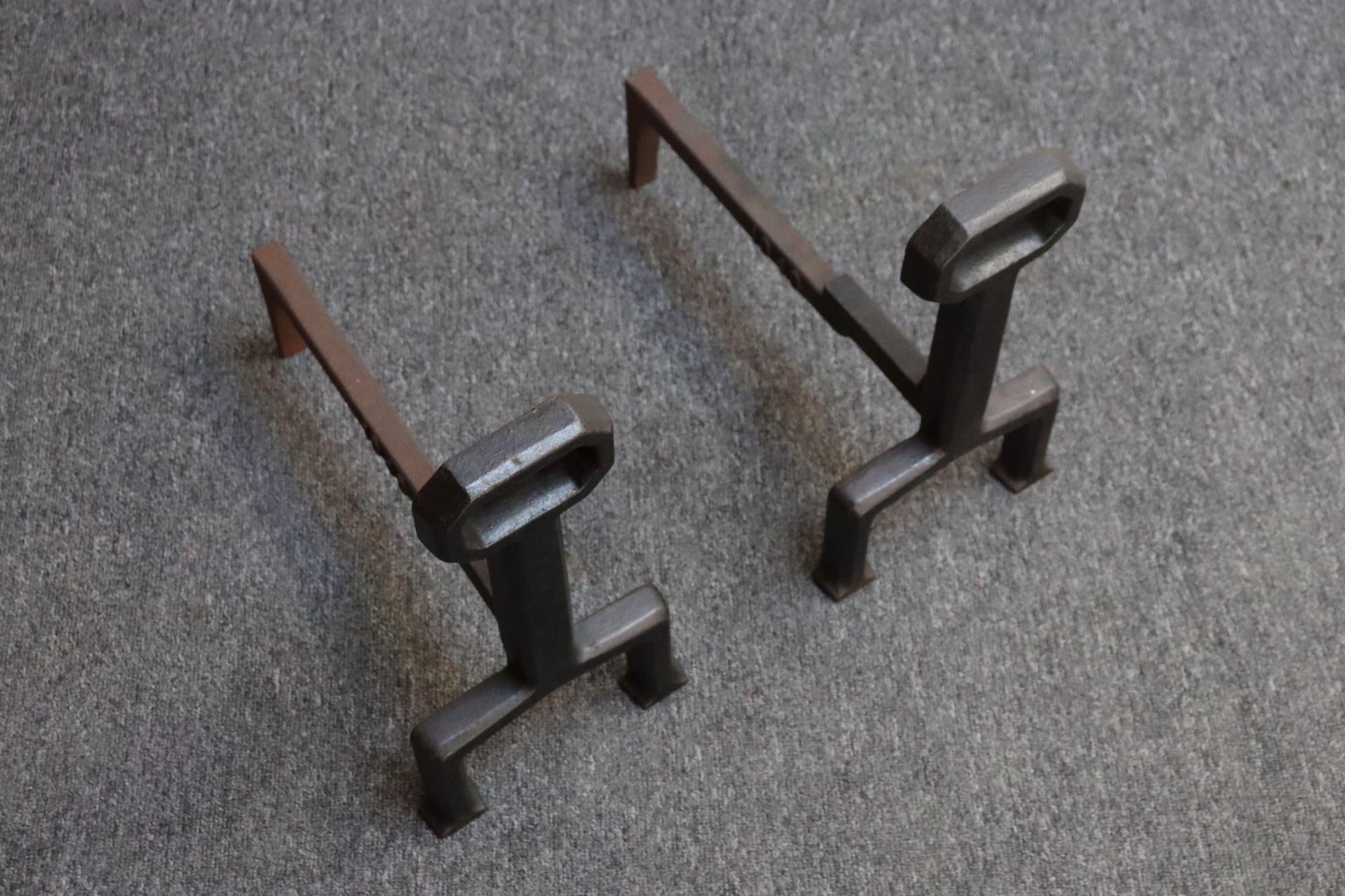 American Pair of Arts and Crafts Style Key Hole Iron Andirons For Sale