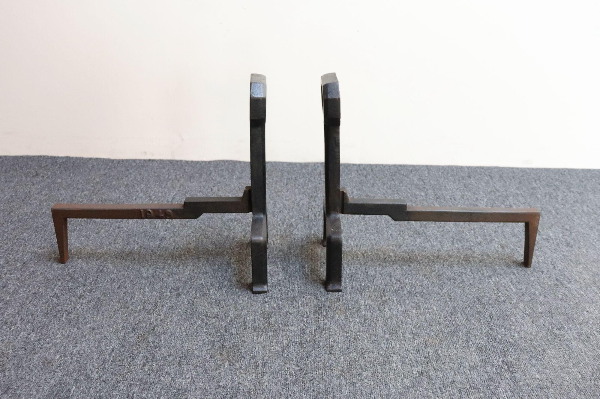 Pair of Arts and Crafts Style Key Hole Iron Andirons For Sale 12