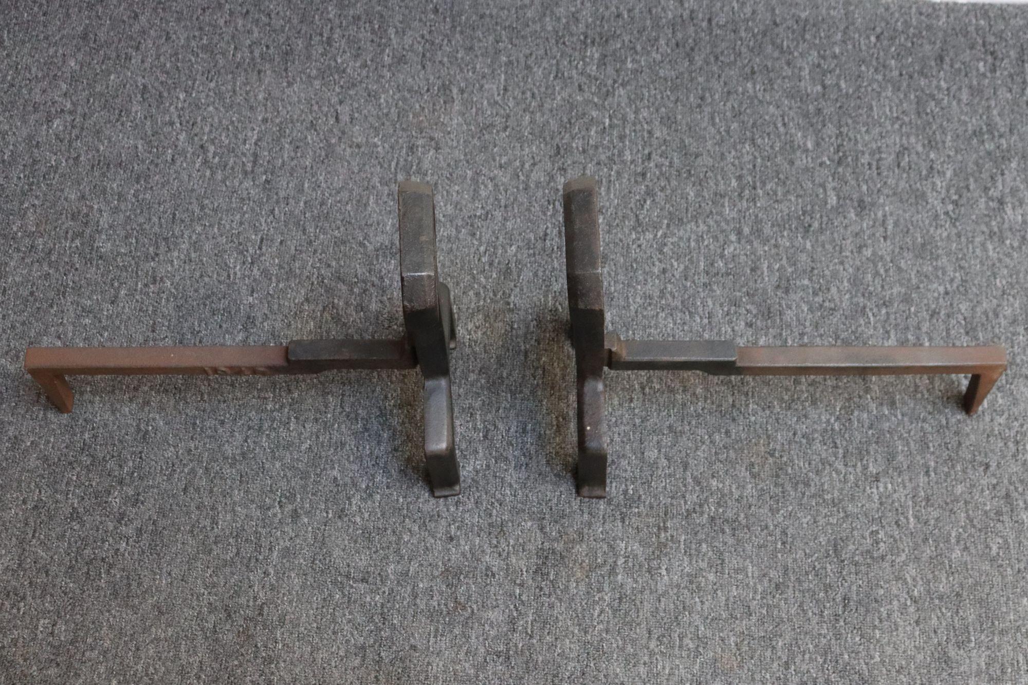 Mid-20th Century Pair of Arts and Crafts Style Key Hole Iron Andirons For Sale