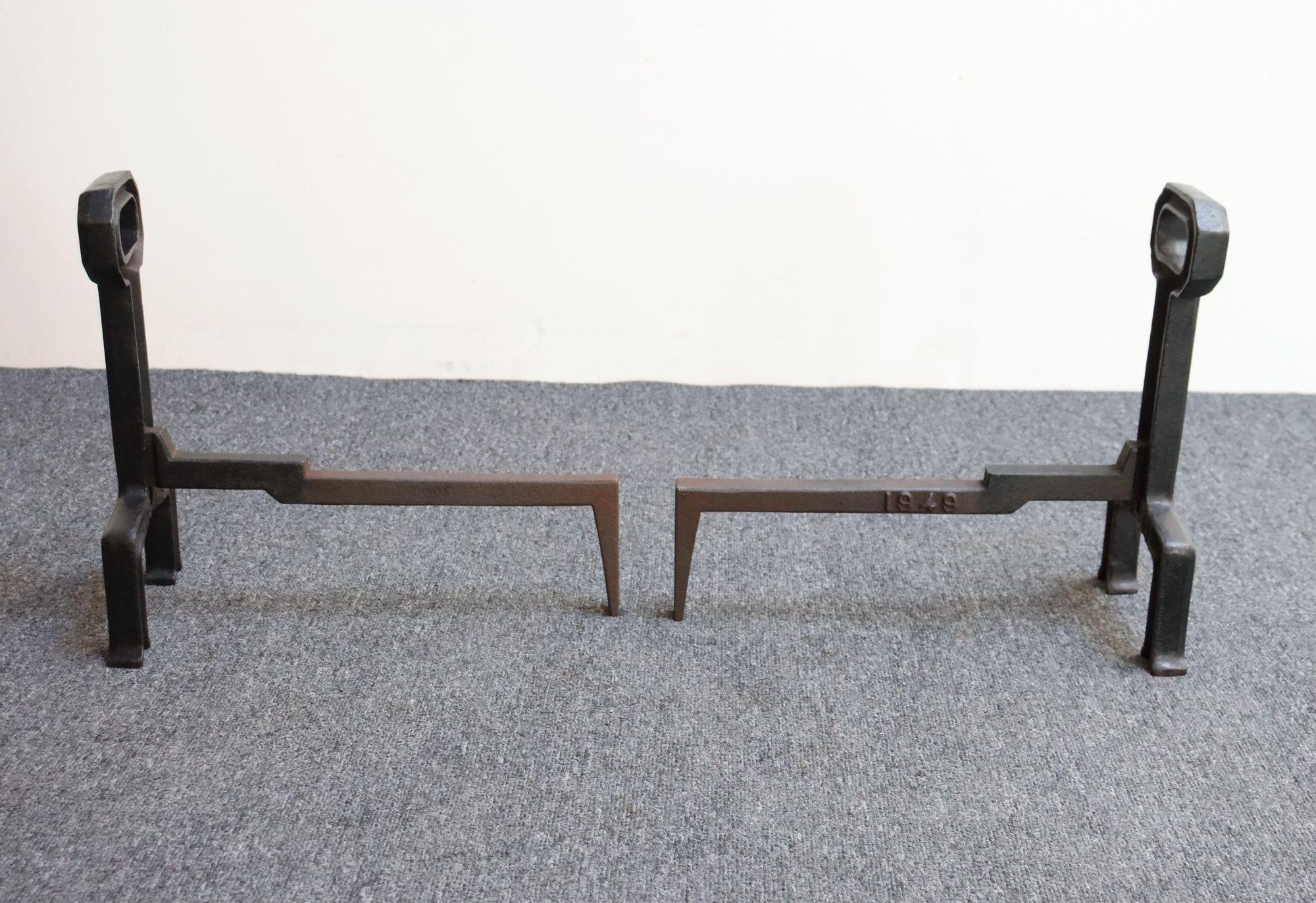 Pair of Arts and Crafts Style Key Hole Iron Andirons For Sale 1
