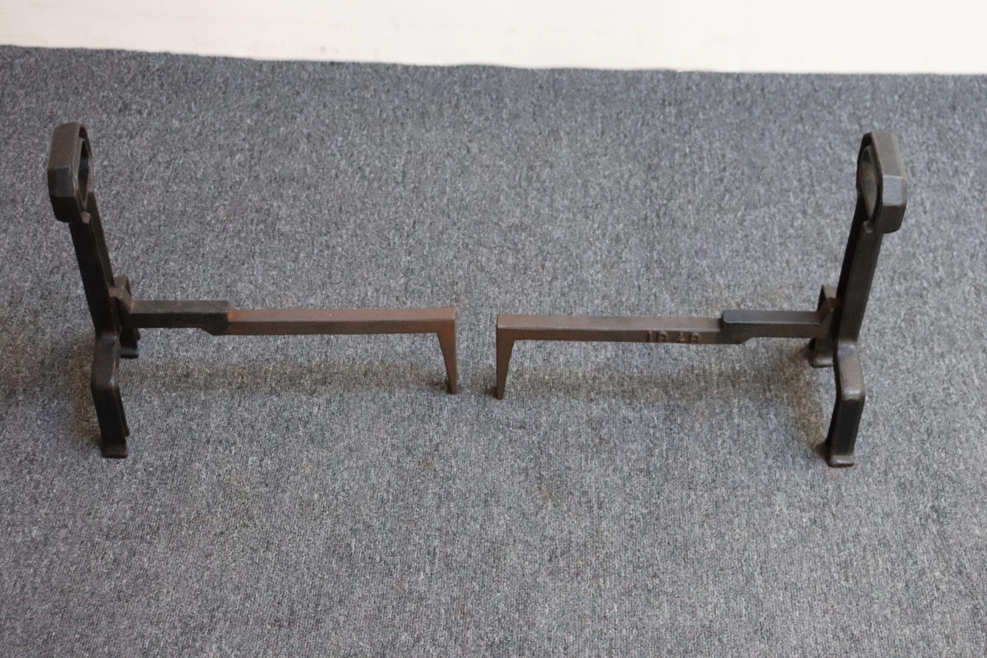 Pair of Arts and Crafts Style Key Hole Iron Andirons For Sale 11