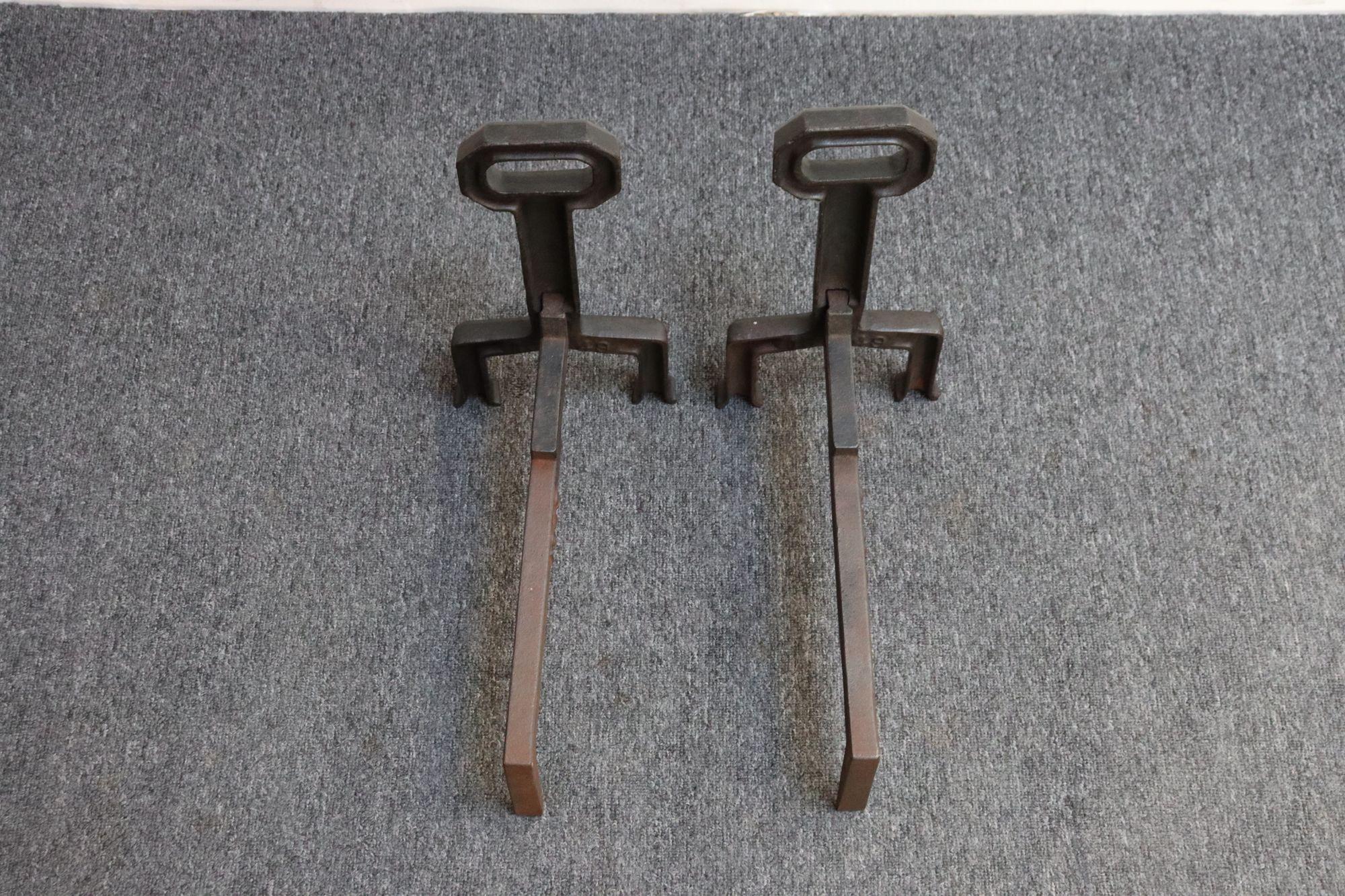 Pair of Arts and Crafts Style Key Hole Iron Andirons For Sale 13