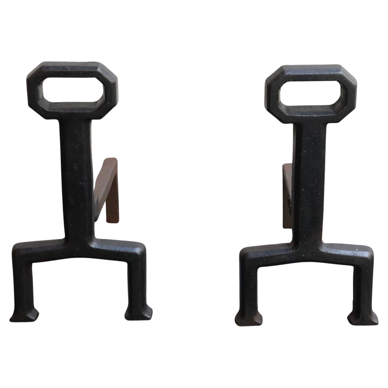 Pair of Arts and Crafts Style Key Hole Iron Andirons