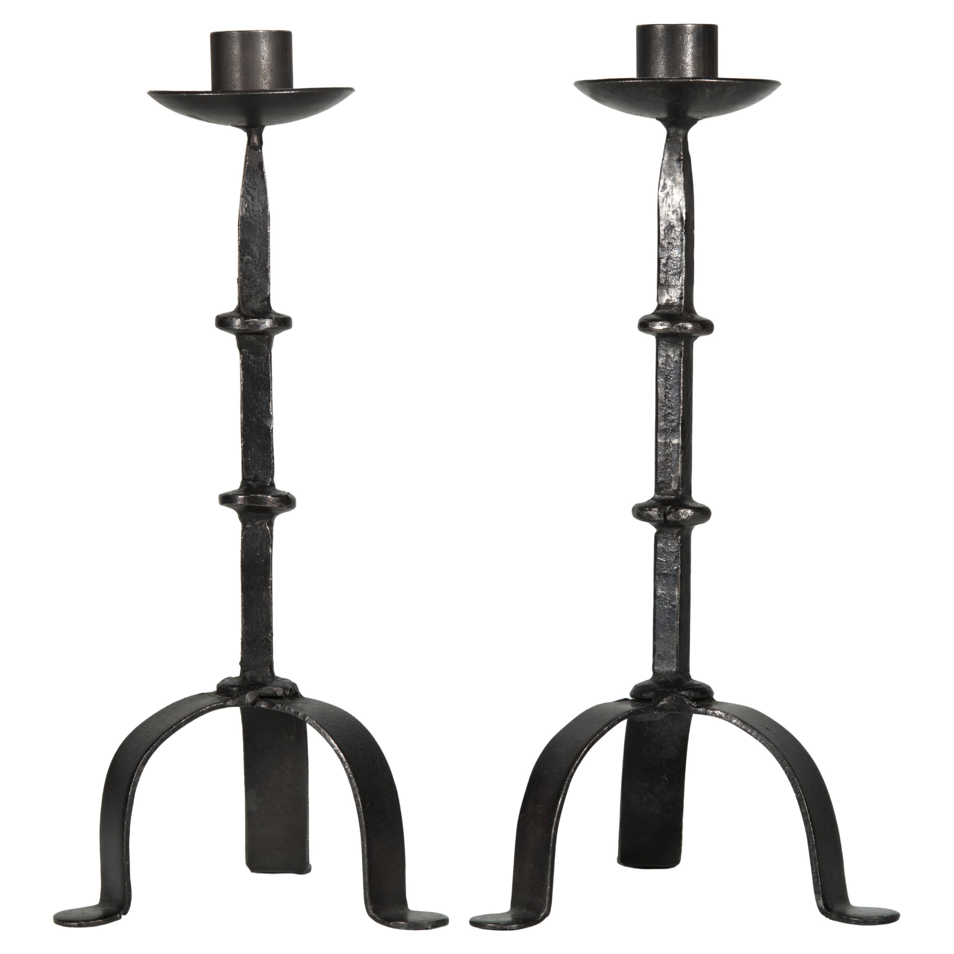 Pair of Arts and Crafts Style Pricket Candle Stick Holders Wrought Iron