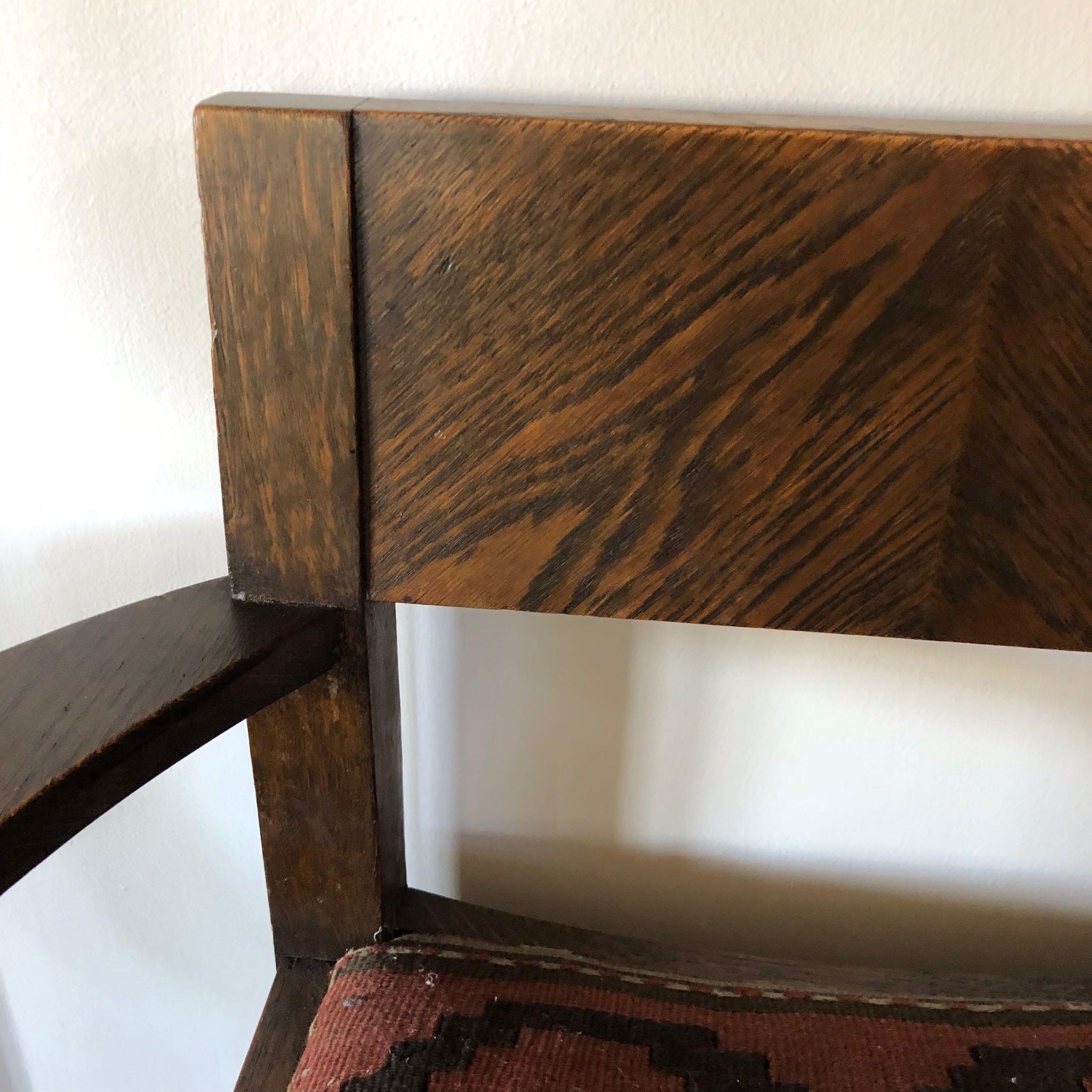 Pair of Arts and Crafts Wooden Armchairs Upholstered in Kilim Fabric In Good Condition In Los Angeles, CA