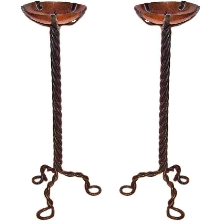 Pair of Arts and Crafts Wrought Iron and Copper Candlesticks
