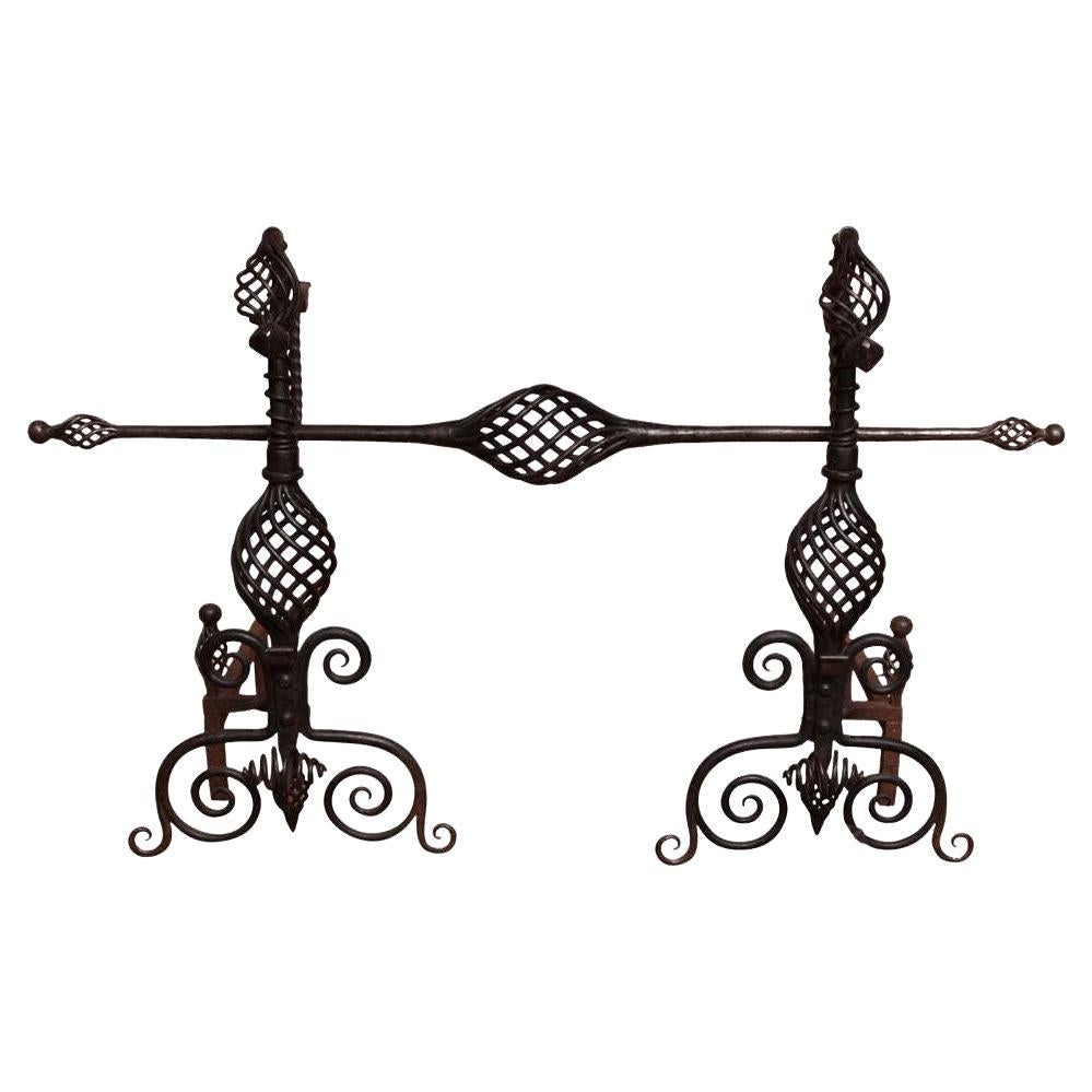 Pair of Arts and Crafts Wrought Iron Andirons For Sale
