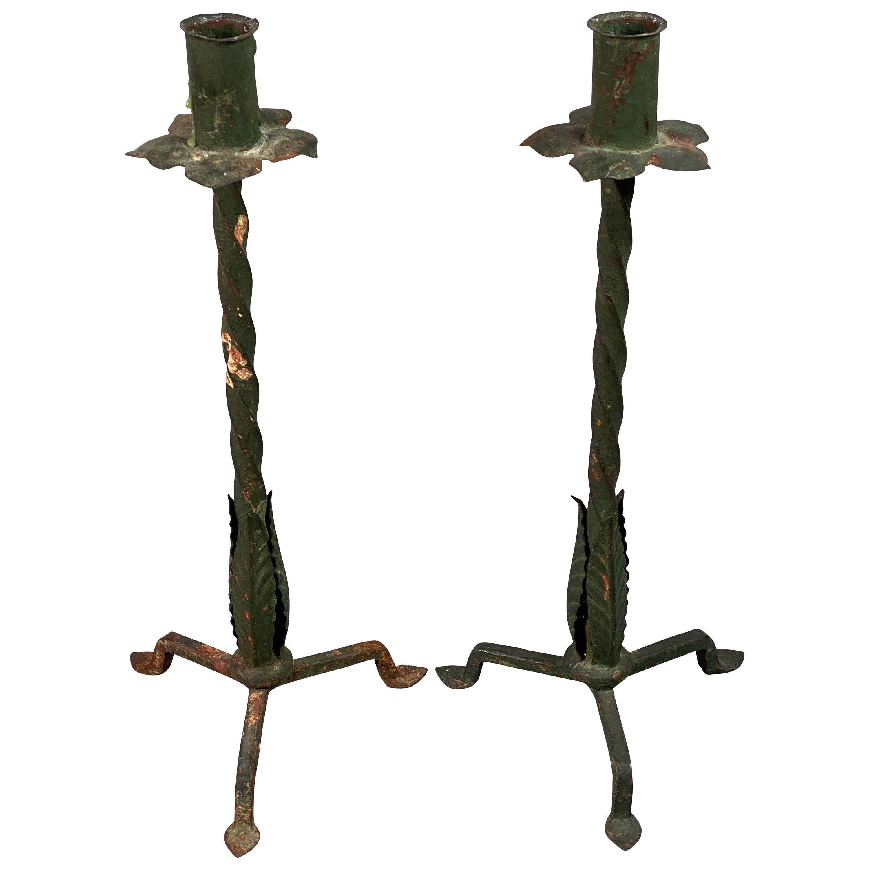 Pair of Arts and Crafts Wrought Iron Candlesticks