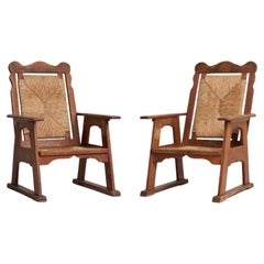 Pair of Arts & Craft Oak and Rush Armchairs