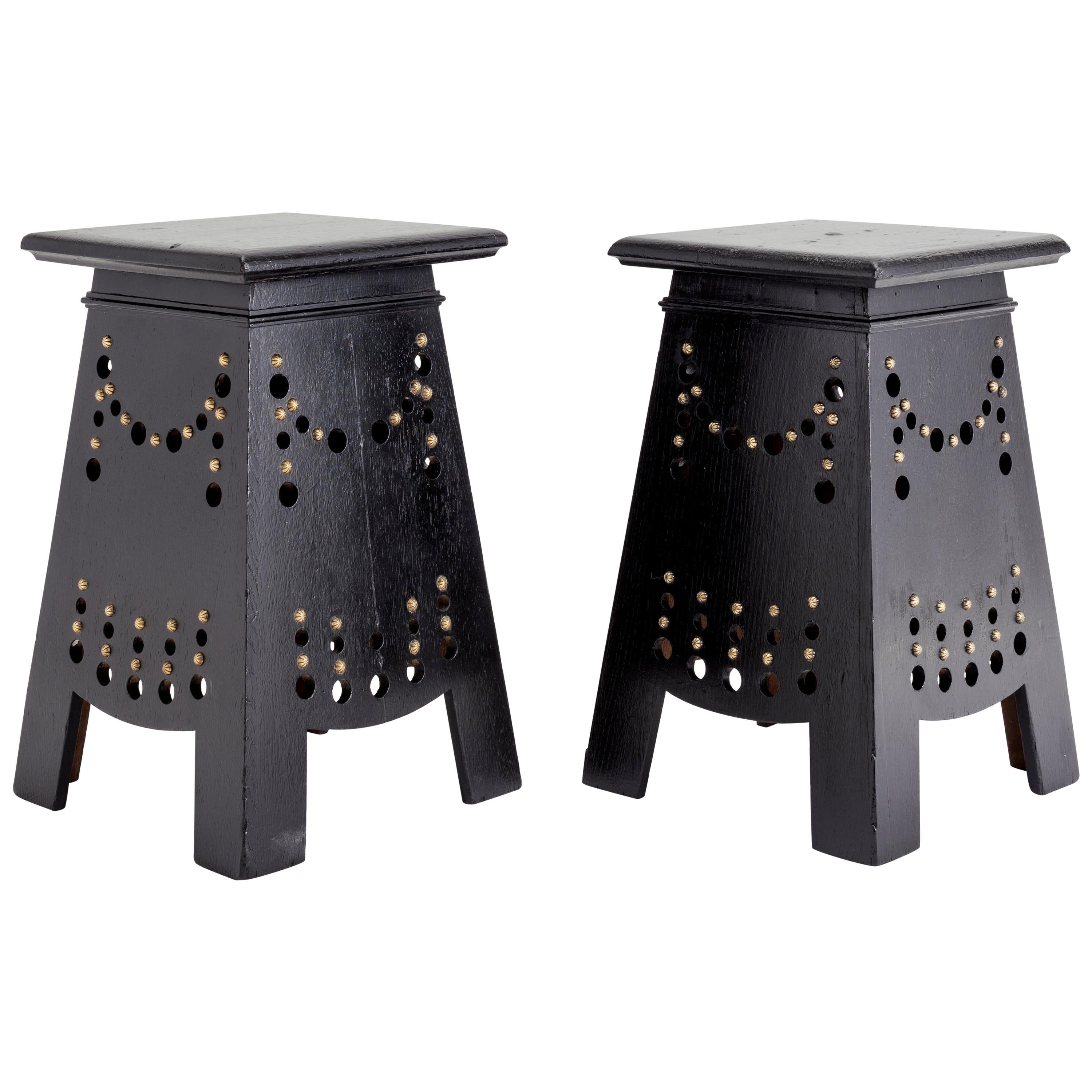 Pair of Arts & Craft Stools with Brass Studs, Belgium, Early 20th Century