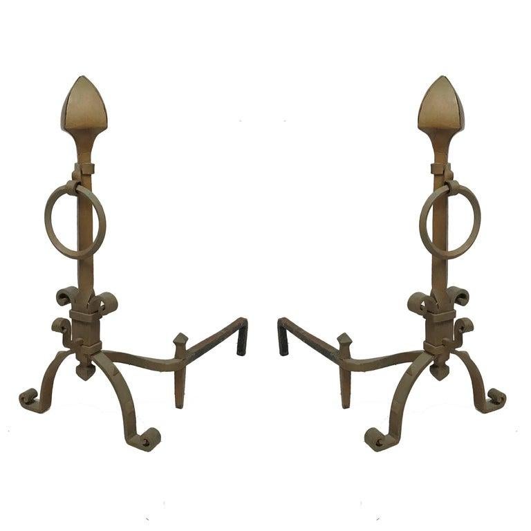 American Pair of Arts & Crafts Aesthetic Movement Large Bronze Iron Andirons with Rings