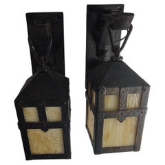 Pair Arts & Crafts Antique Sneering Monks Head Brass Wall Sconces by Gaumer 1905