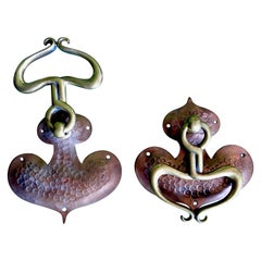 Pair of Arts & Crafts Art Nouveau Drop Pull Handles, Brass and Beaten Copper