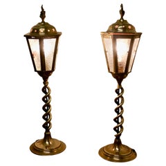 Pair of Arts & Crafts Barley Twist Brass Hall Table Lanterns