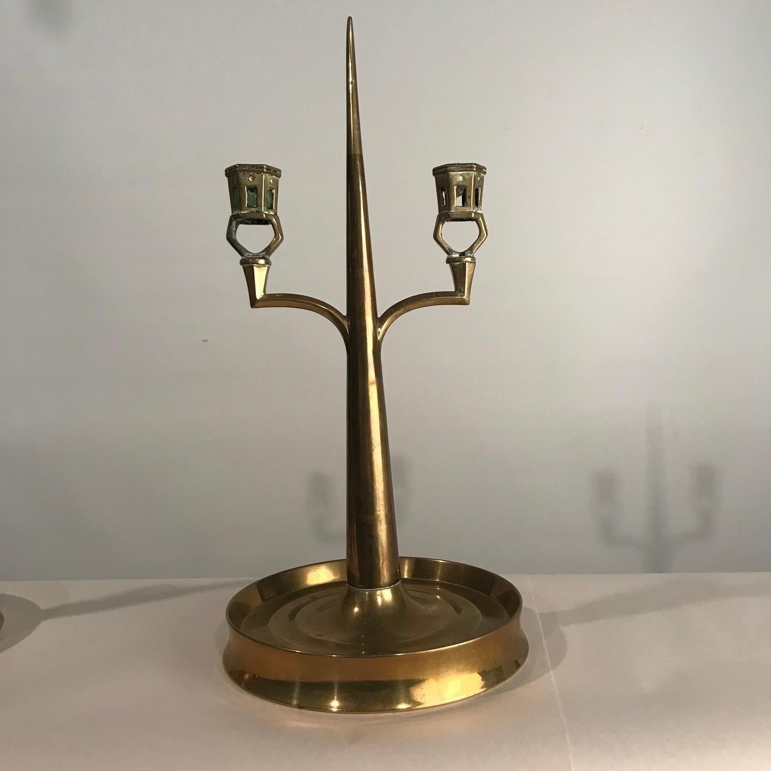 Pair of Arts & Crafts Brass Two Light Candelabras In Good Condition For Sale In Montreal, QC