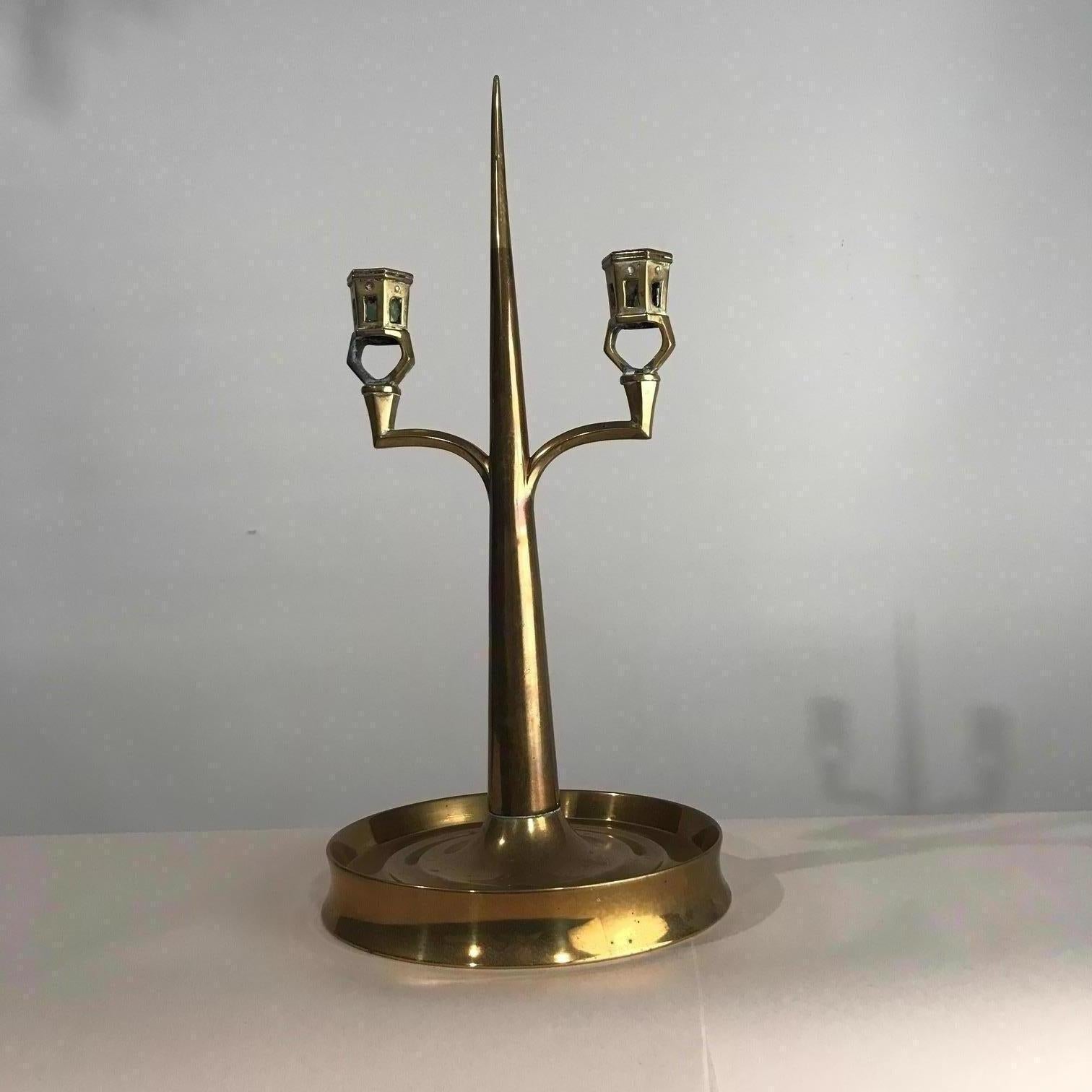 20th Century Pair of Arts & Crafts Brass Two Light Candelabras For Sale