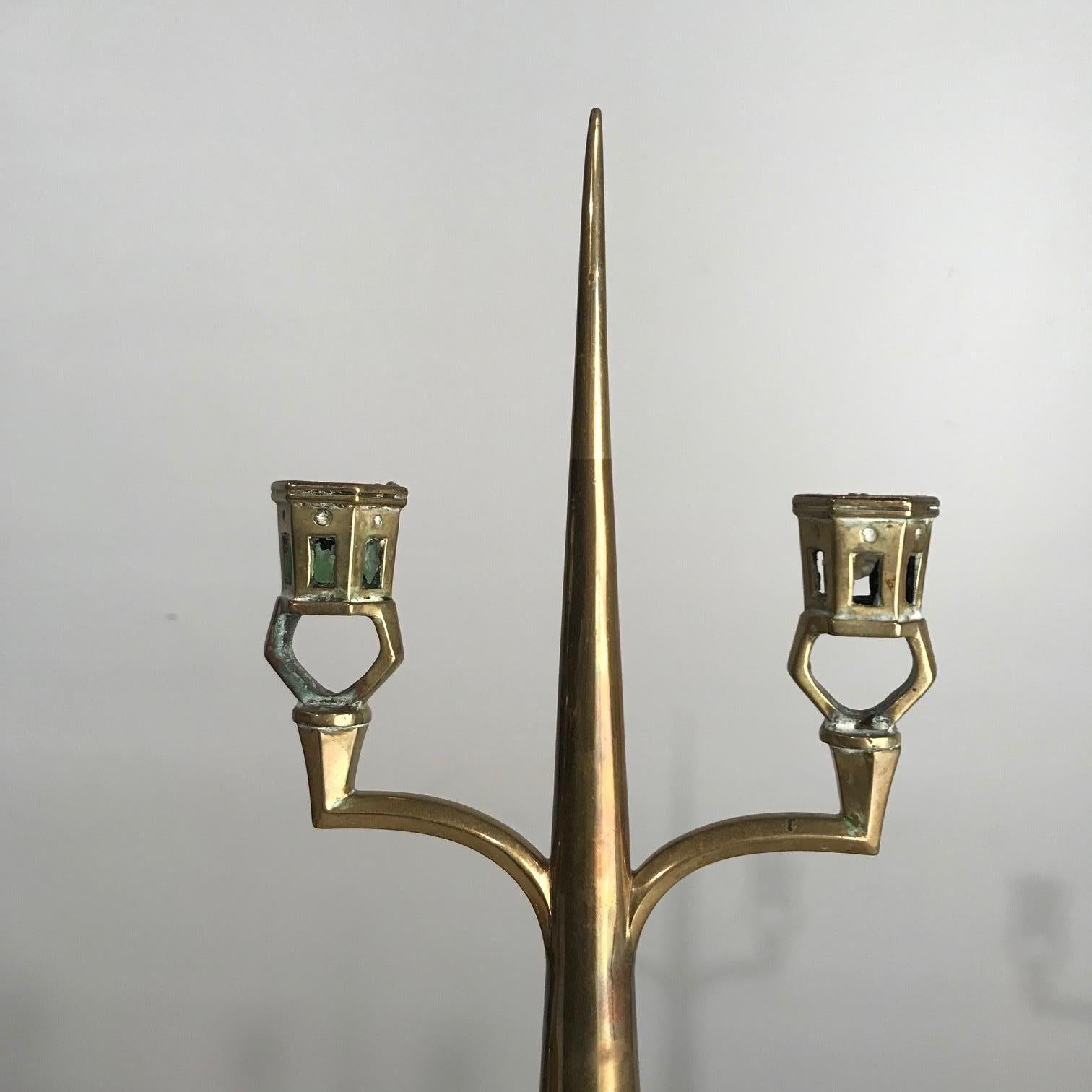 Pair of Arts & Crafts Brass Two Light Candelabras For Sale 1