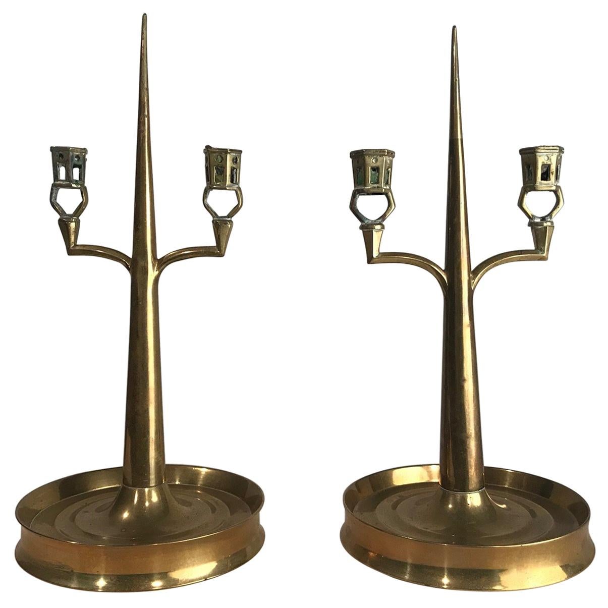 Pair of Arts & Crafts Brass Two Light Candelabras