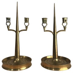 Antique Pair of Arts & Crafts Brass Two Light Candelabras