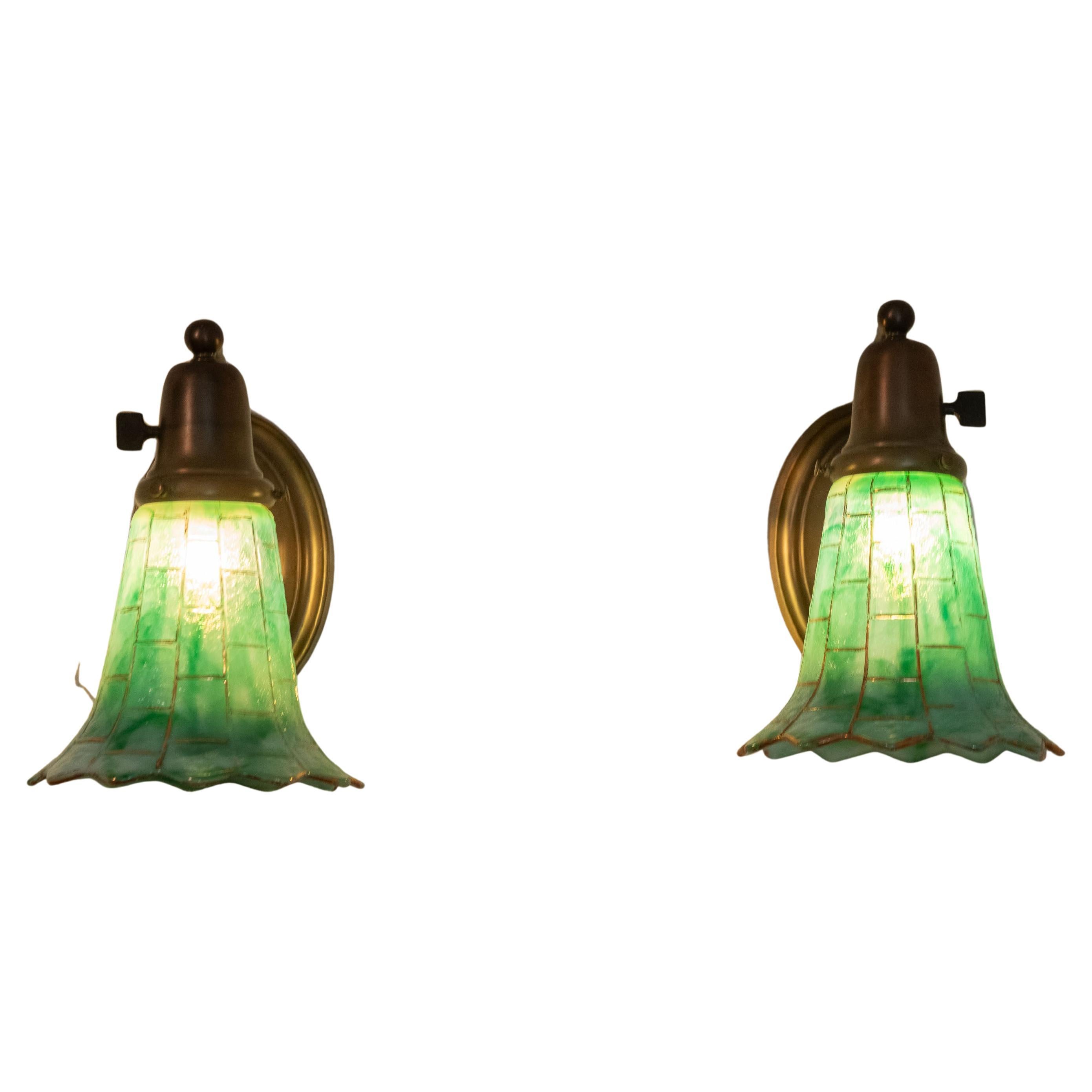Pair of Arts & Crafts Bronze Sconces w/ Green Kokomo Glass Shades ca. 1910
