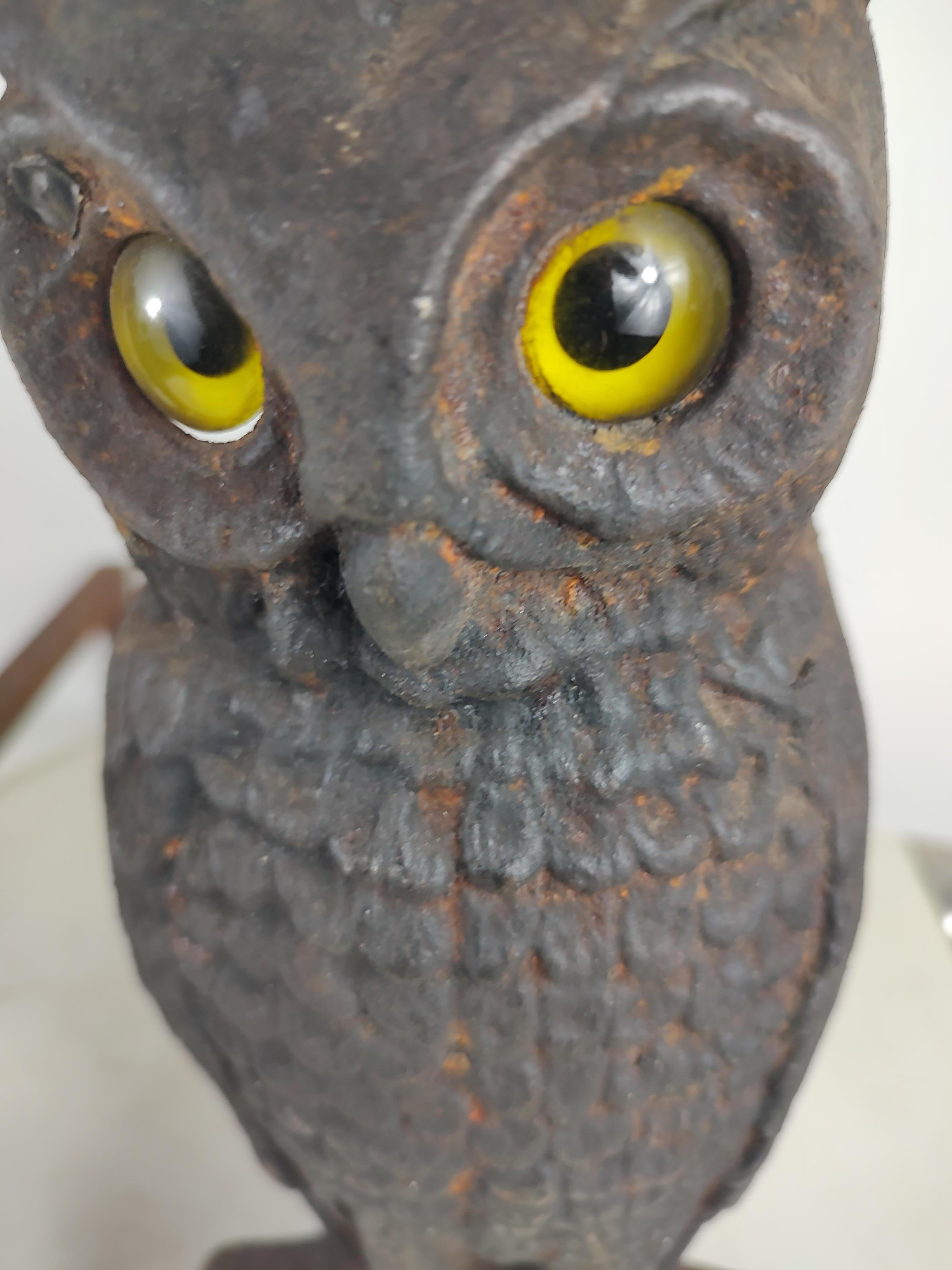 Pair of Arts & Crafts Cast Iron Owl Andirons with Glass Eyes   4