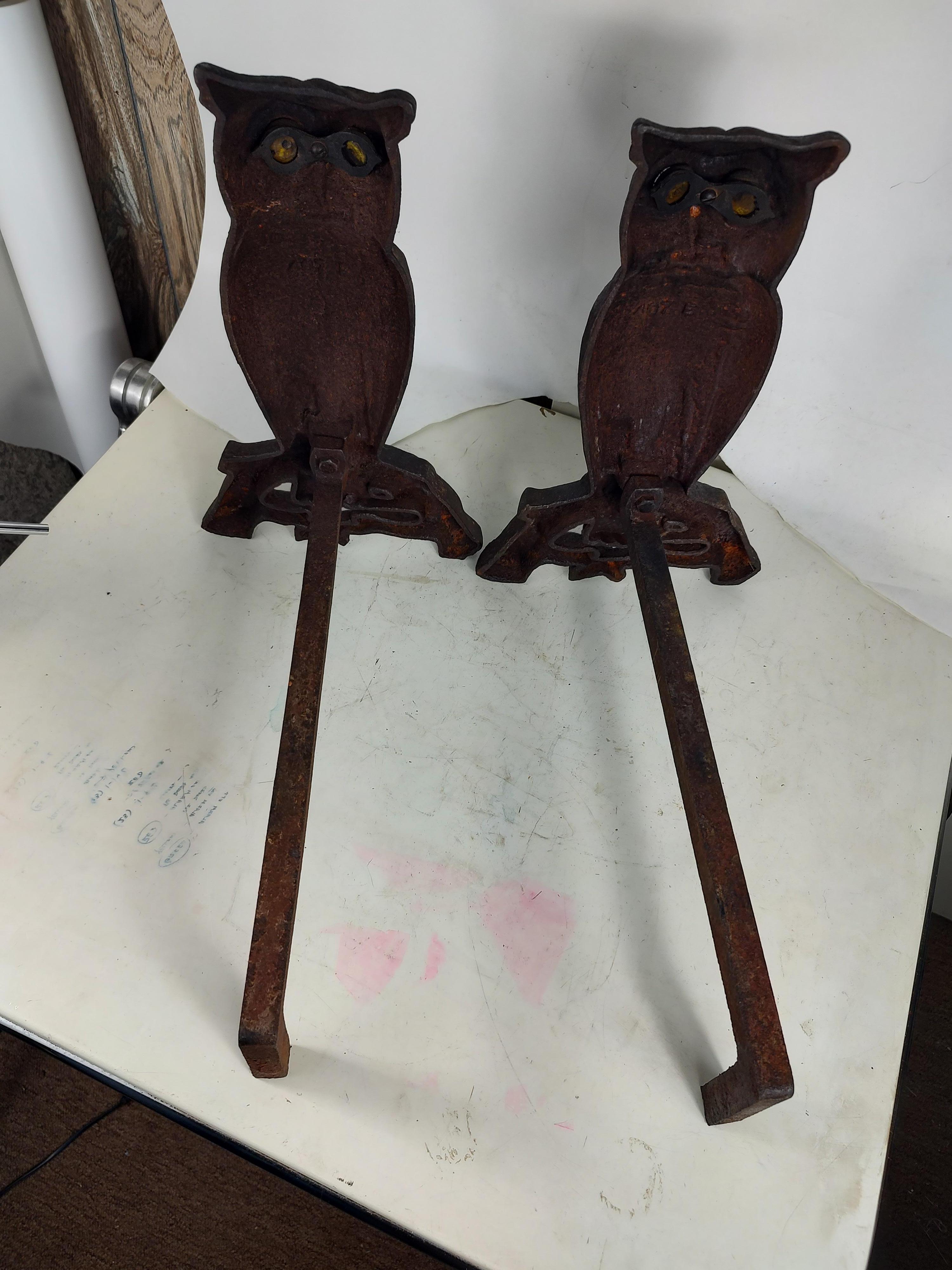 American Pair of Arts & Crafts Cast Iron Owl Andirons with Glass Eyes  