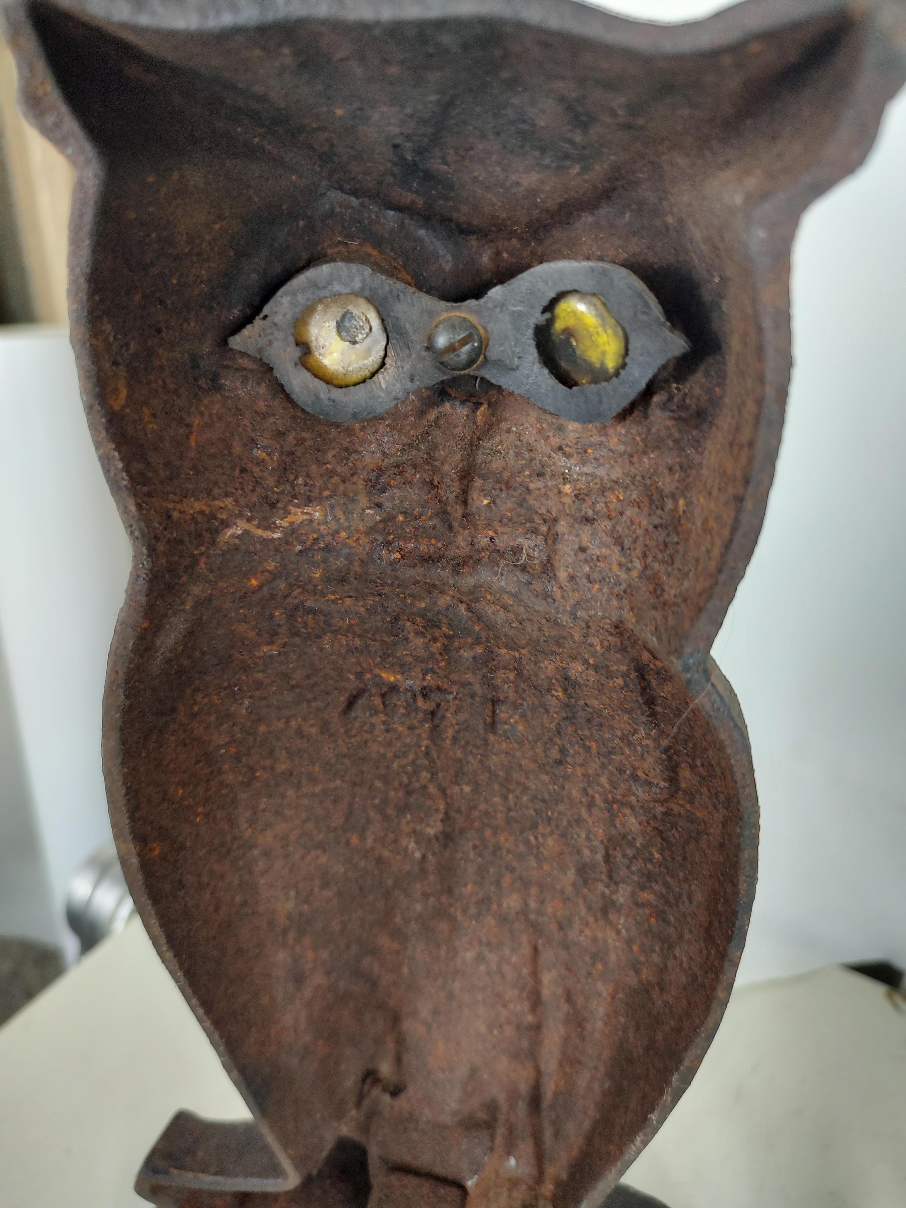 Pair of Arts & Crafts Cast Iron Owl Andirons with Glass Eyes   In Good Condition In Port Jervis, NY
