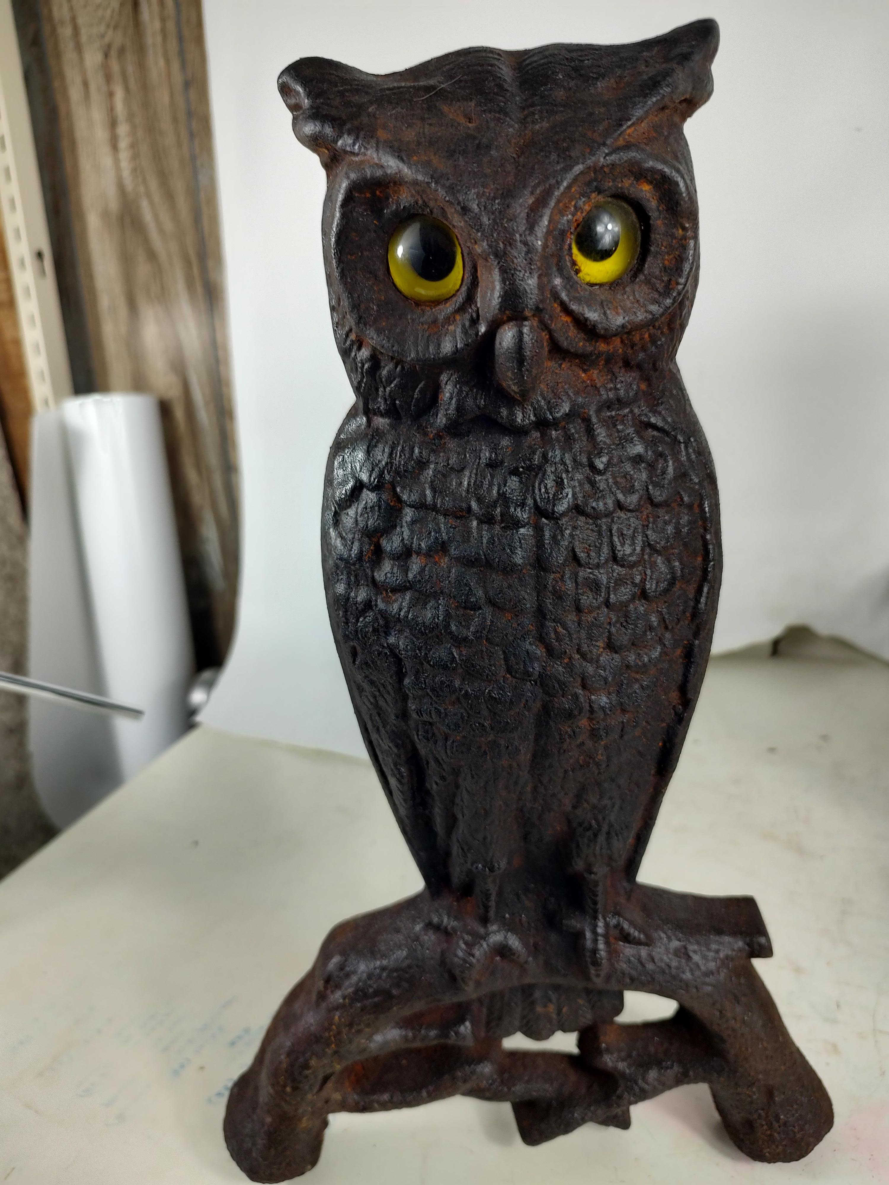 Pair of Arts & Crafts Cast Iron Owl Andirons with Glass Eyes   2