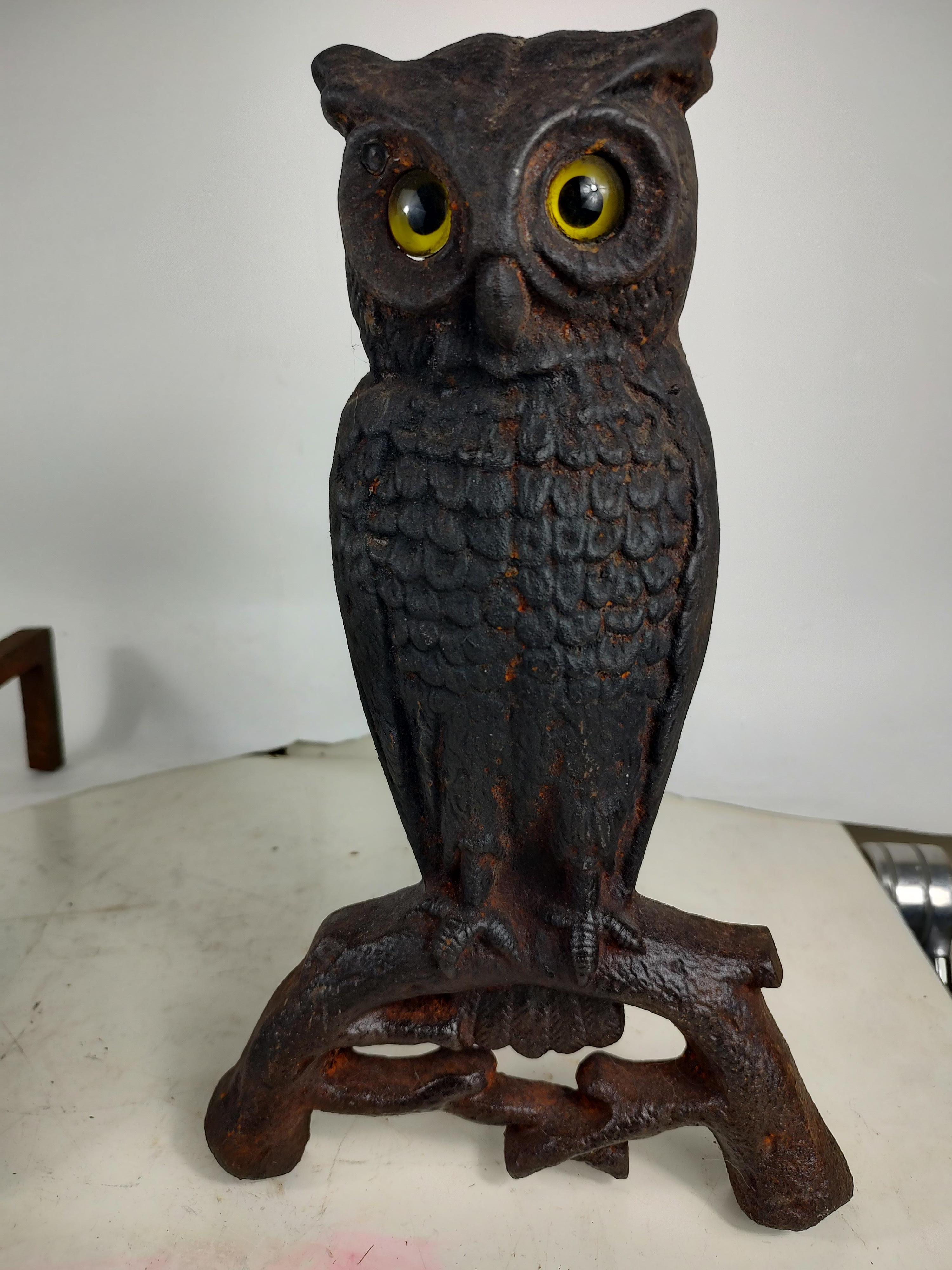 Pair of Arts & Crafts Cast Iron Owl Andirons with Glass Eyes   3