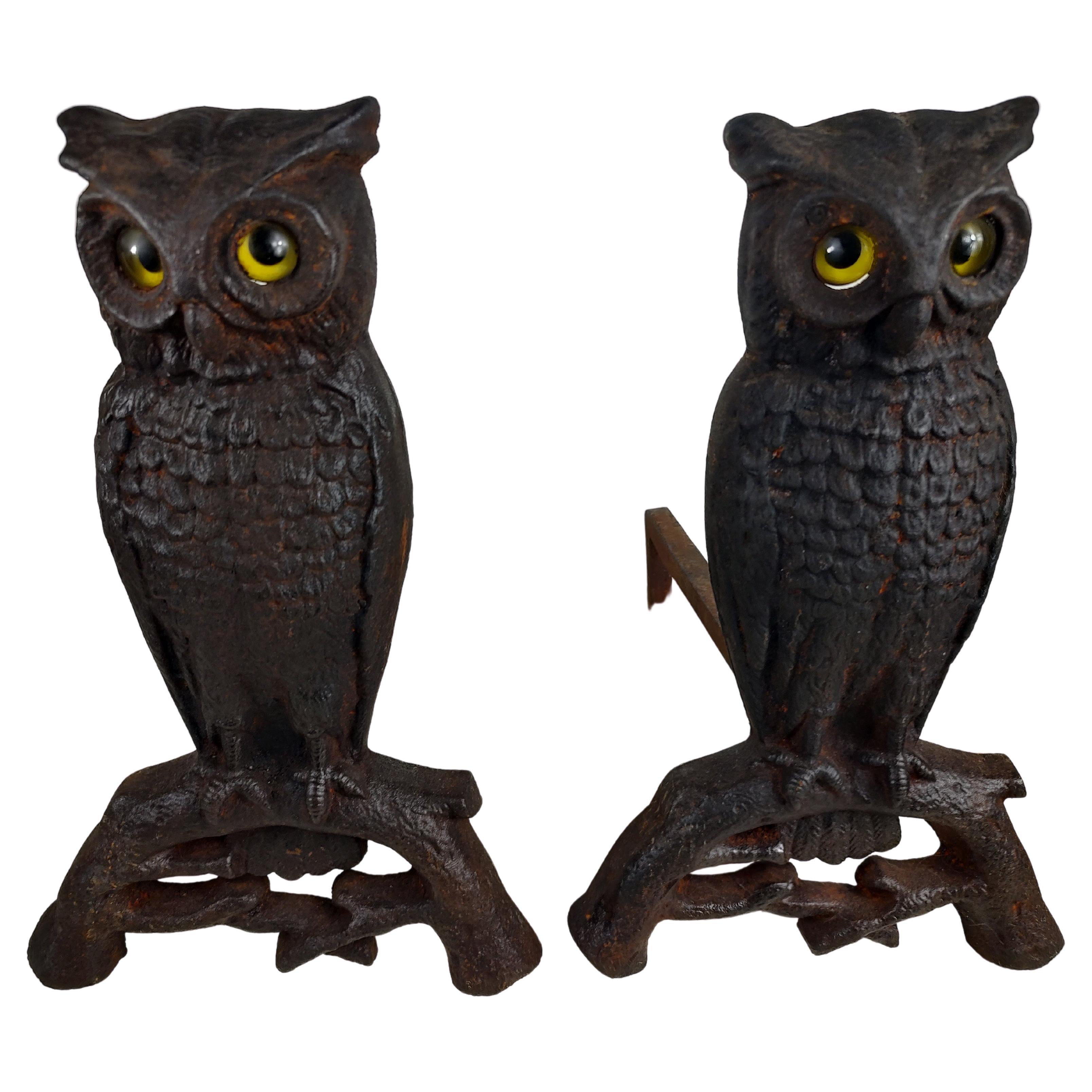 Pair of Arts & Crafts Cast Iron Owl Andirons with Glass Eyes  