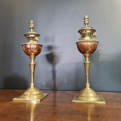 Pair of Arts & Crafts copper & brass converted oil lamps  by W. A. S. Benson