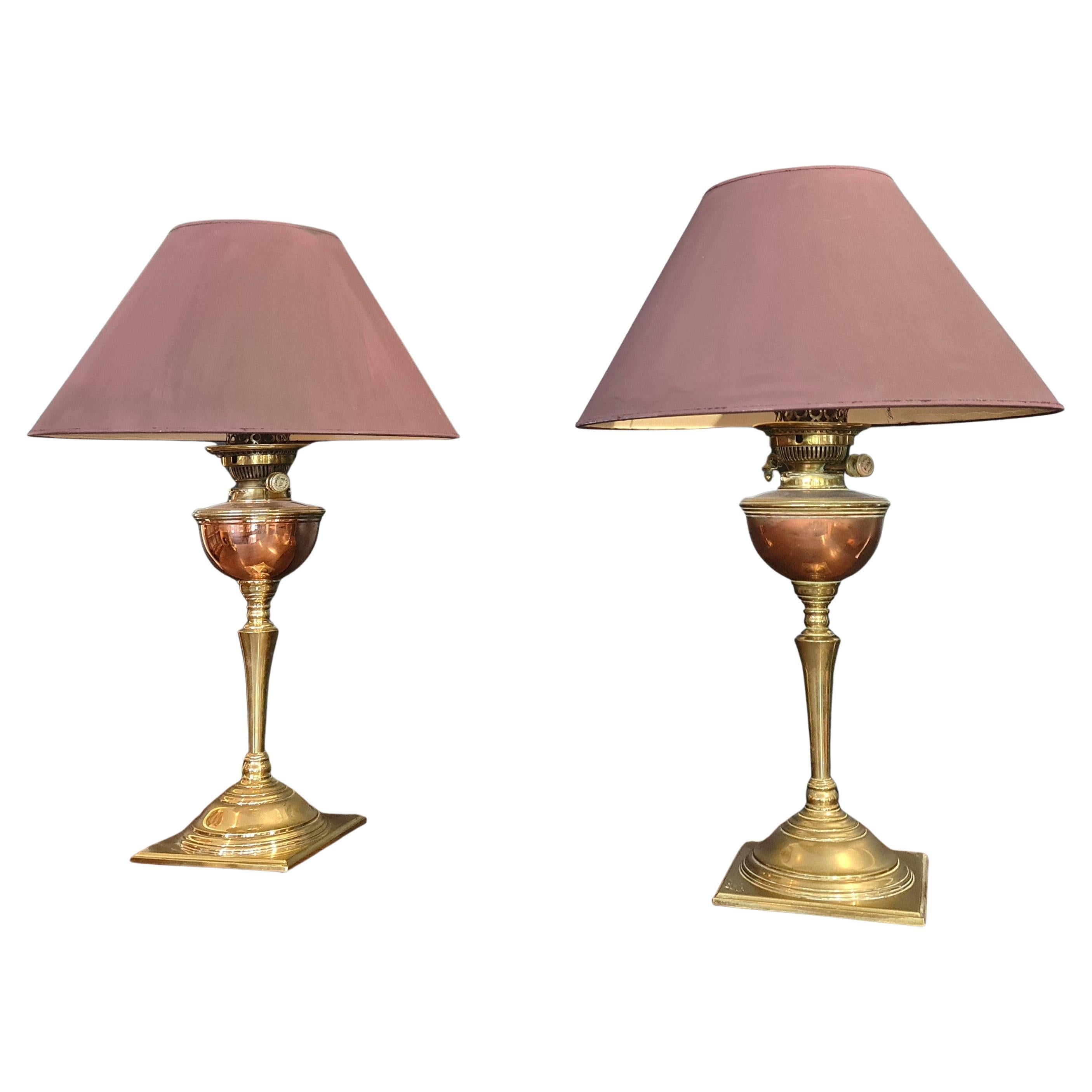 Pair of Arts & Crafts copper & brass converted oil lamps  by W. A. S. Benson