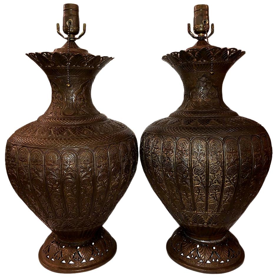 Pair of Arts & Crafts Copper Table Lamps For Sale