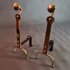 Pair of Arts & Crafts Cotswolds School Brass fire dogs or andirons