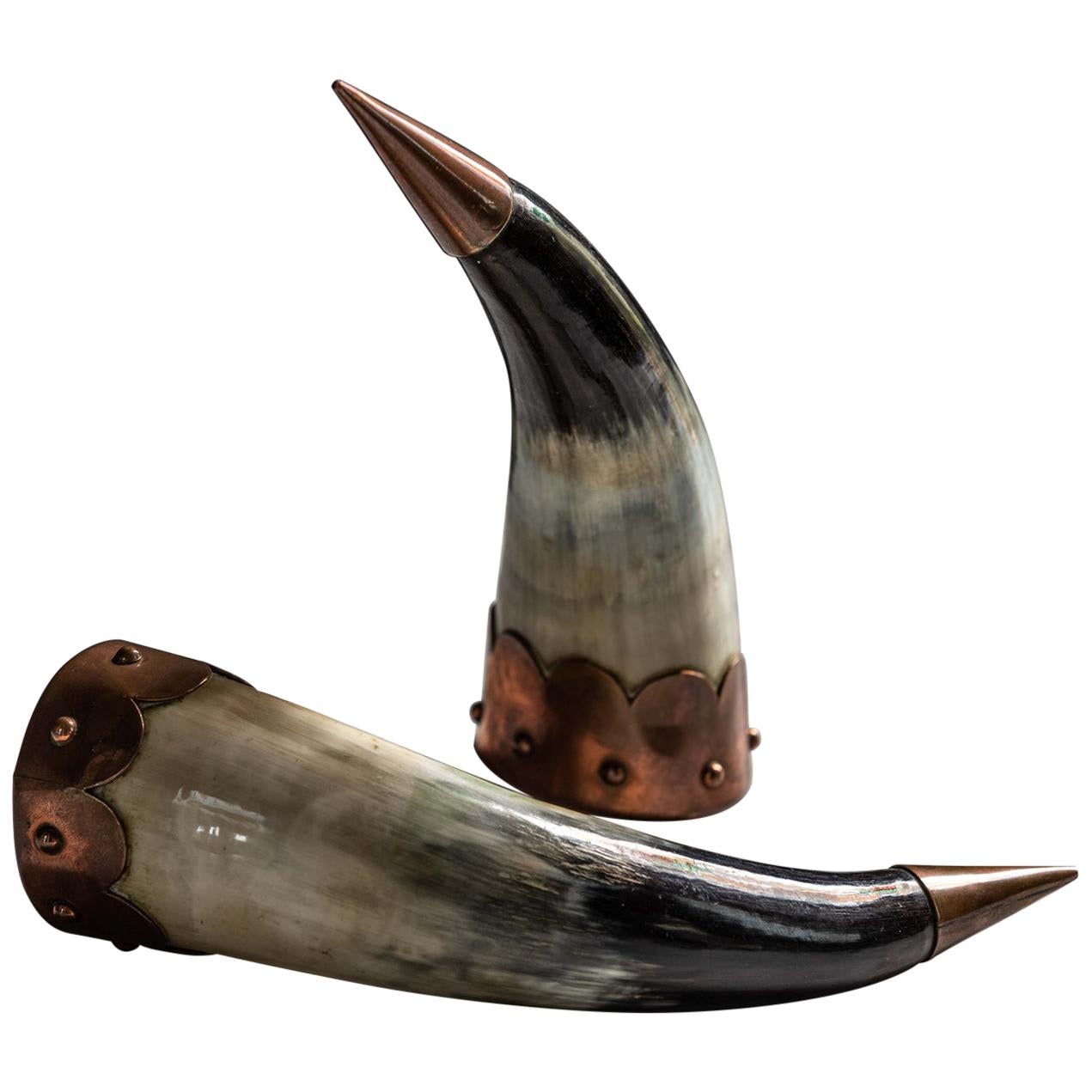 Pair of Arts & Crafts Drinking Horns, Late 19th Century