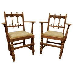 Pair of Arts & Crafts Gothic Bleached Oak Hall Chairs
