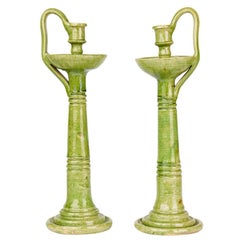 Antique Pair of Arts & Crafts Green Pottery Candlesticks, circa 1900