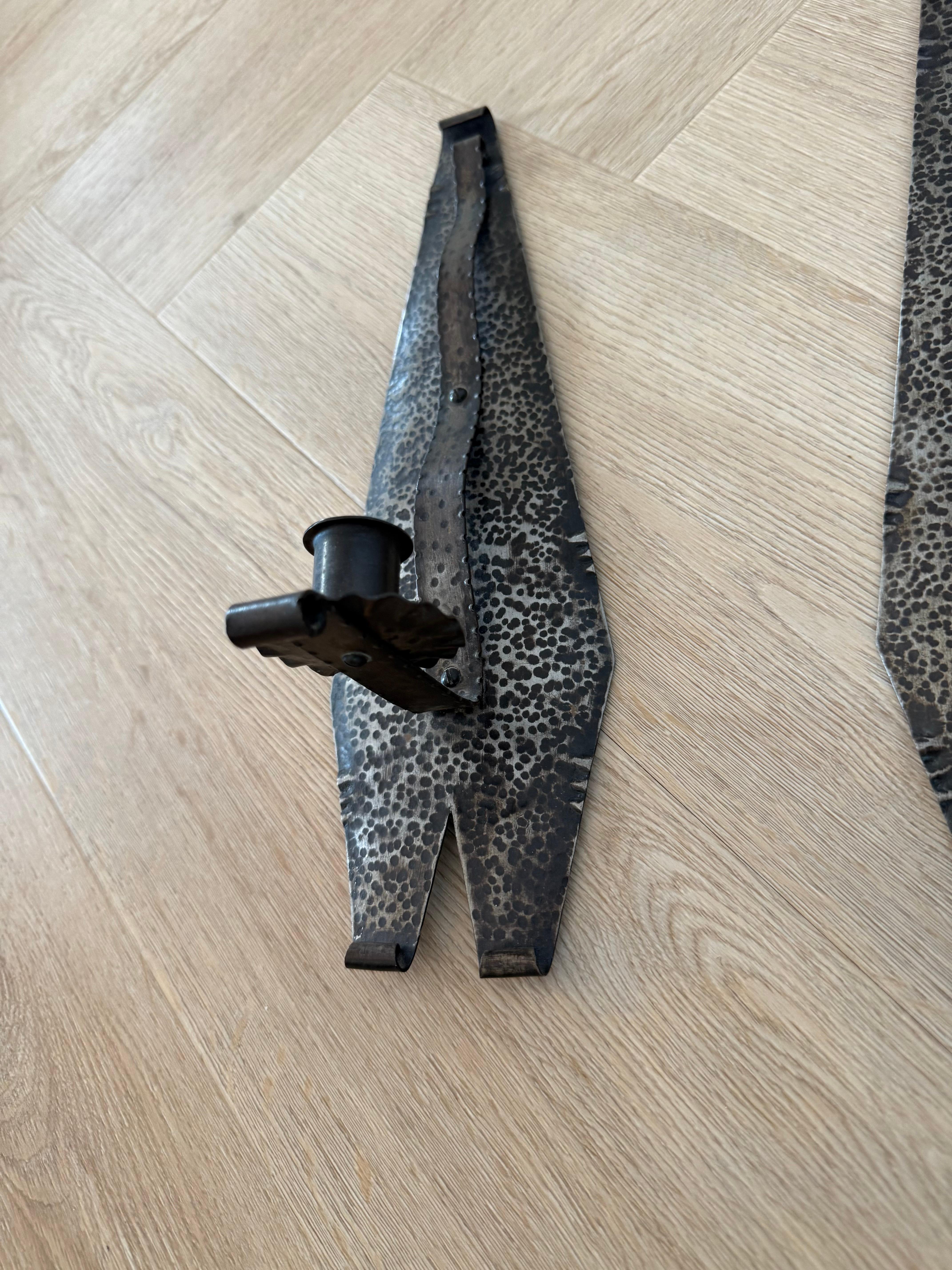 Pair of Arts & Crafts Hand-Hammered Wrought Iron Wall Sconces, 1920s For Sale 2