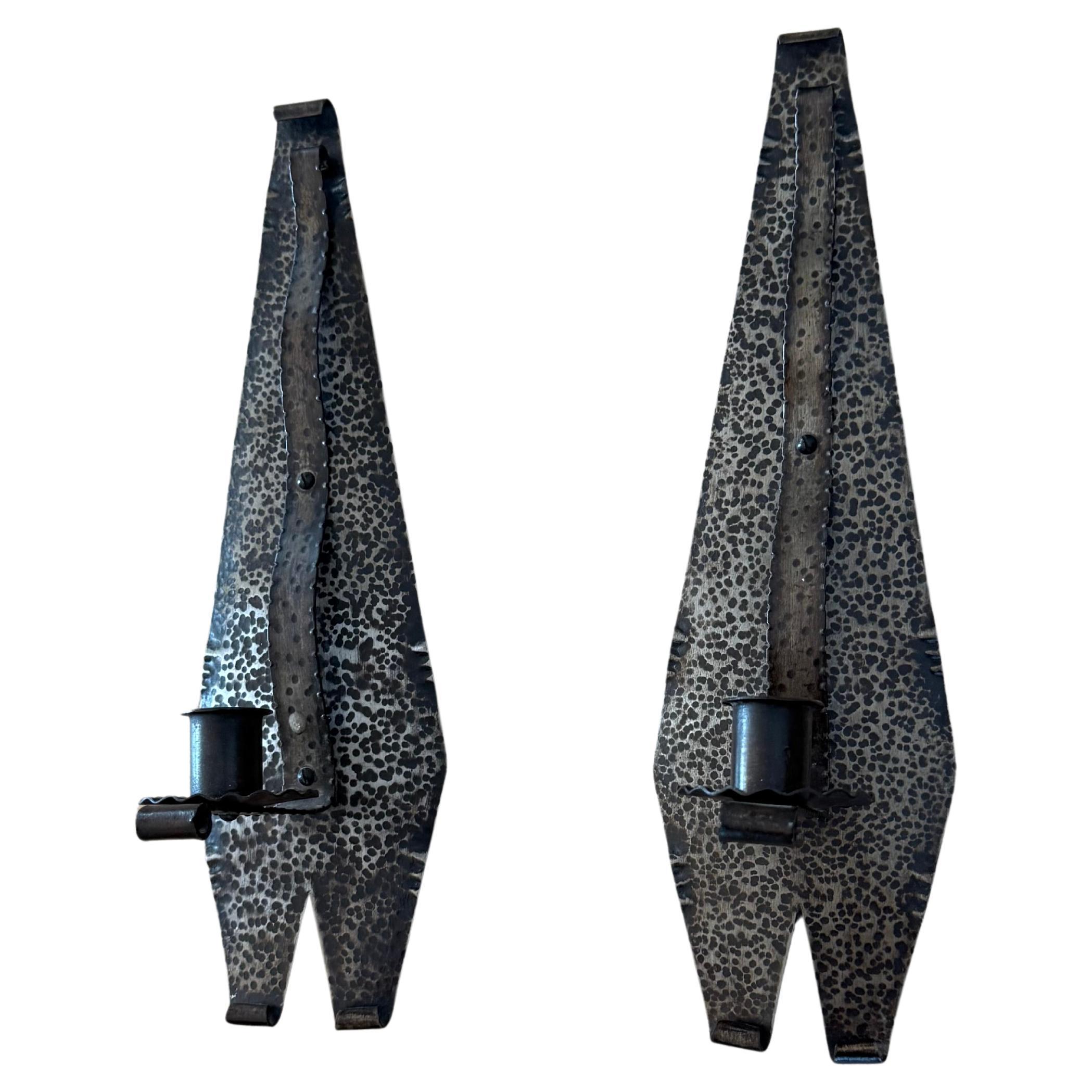 Pair of Arts & Crafts Hand-Hammered Wrought Iron Wall Sconces, 1920s For Sale
