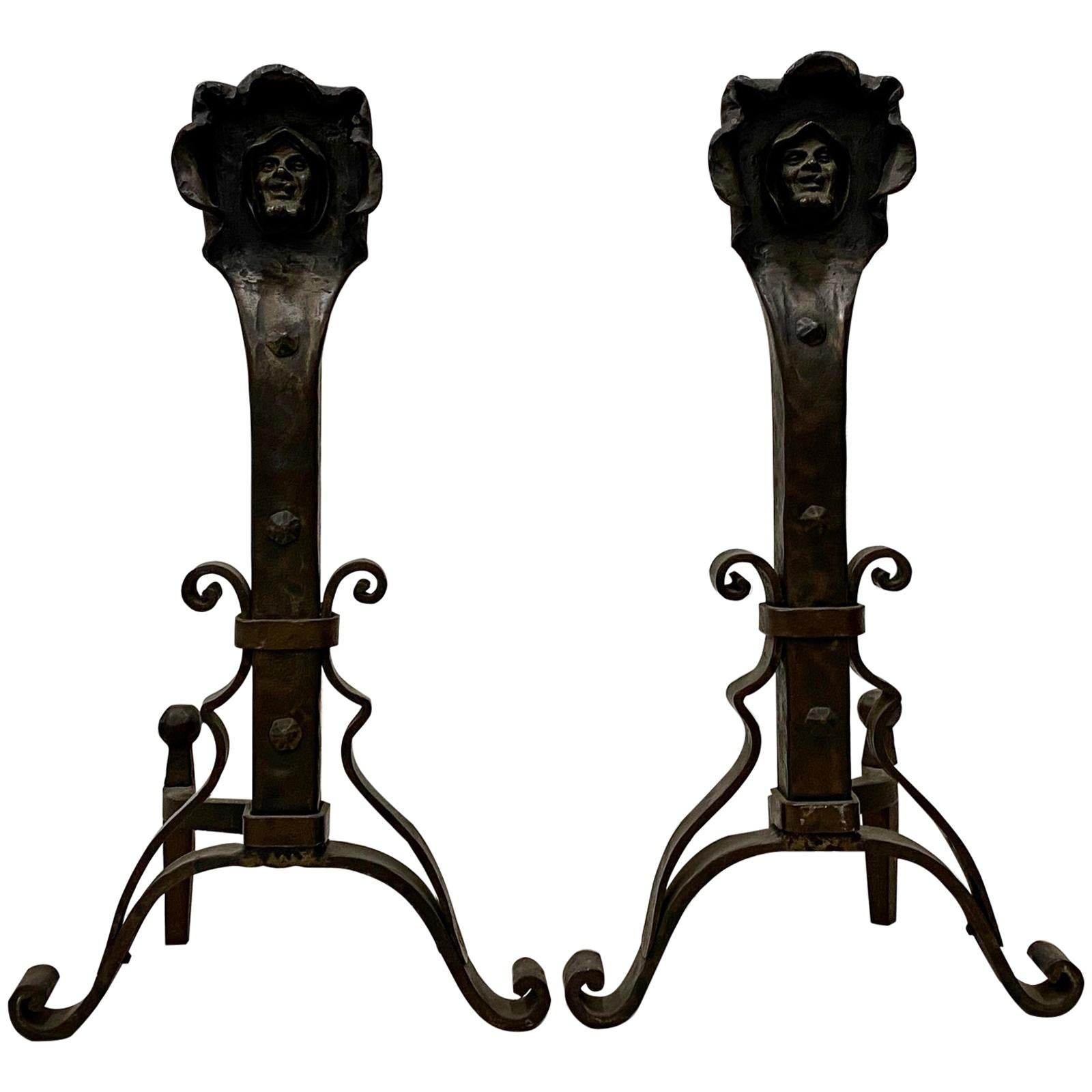 Pair of Arts & Crafts Handwrought Andirons, circa 1890-1910 For Sale