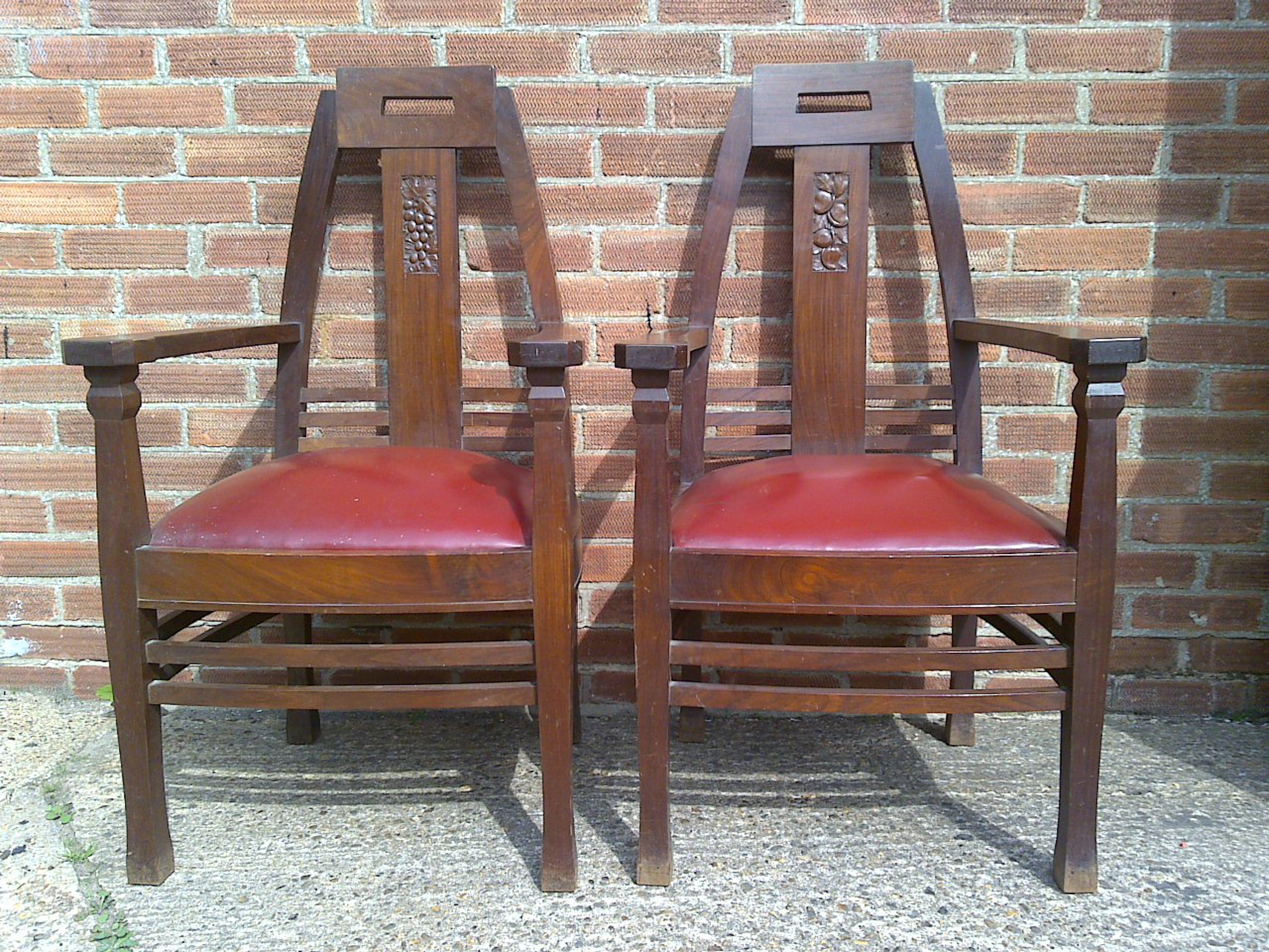 Peter Behrens, a pair of Jugendstil mahogany armchairs, the seats re-upholstered in red leather.
See White way, Michael and Gere, Charlotte '19th century design from Pugin to Mackintosh' London 1993, p. 262, plate 333 for a side chair of a similar